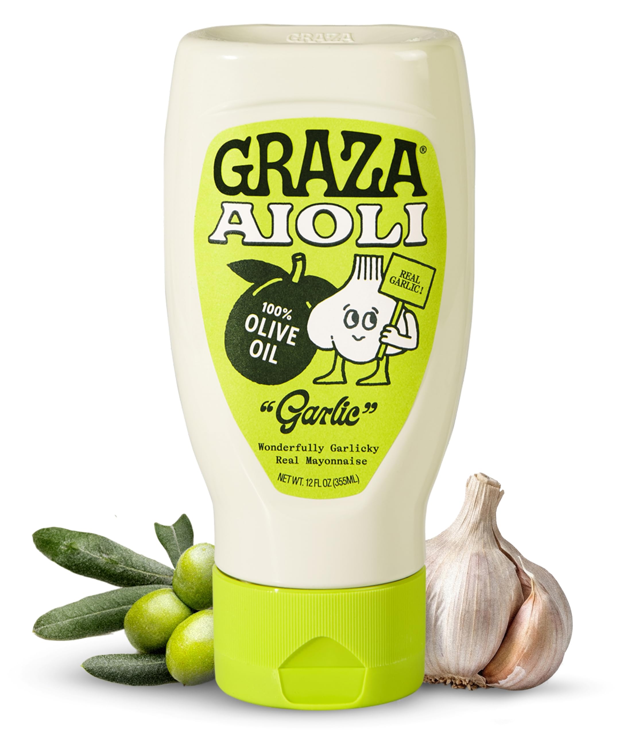 Graza Garlic Mayo Aioli Dip Sauce with 100% Olive Oil in Squeeze Bottle | Mayonnaise Aioli with Real Chopped Garlic - Made with Cage Free Eggs & Free from Seed Oils - Zesty Garlicky Mayo Spread & Dip