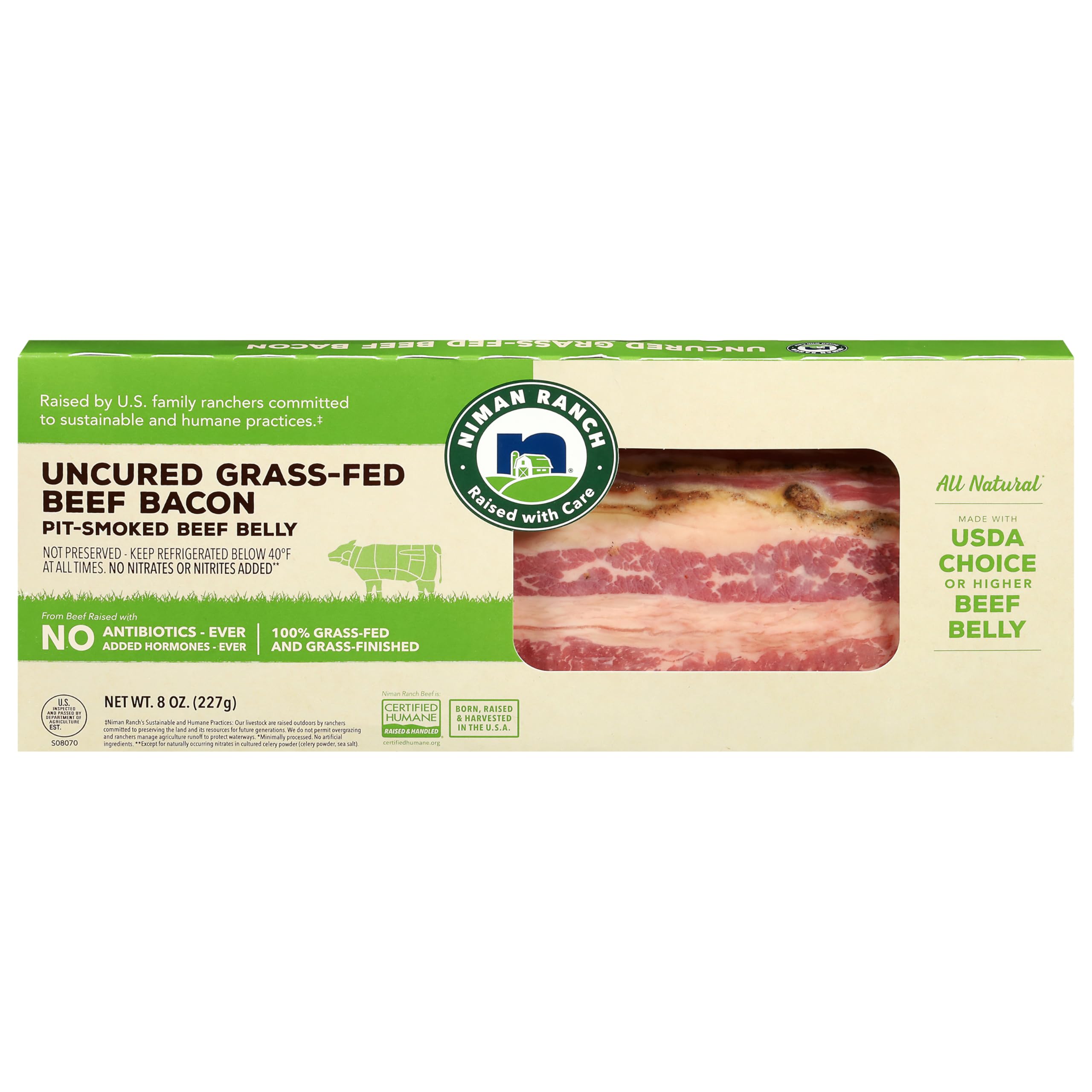 Niman Ranch Pit-Smoked Uncured Grass Fed Beef Bacon, 8 OZ