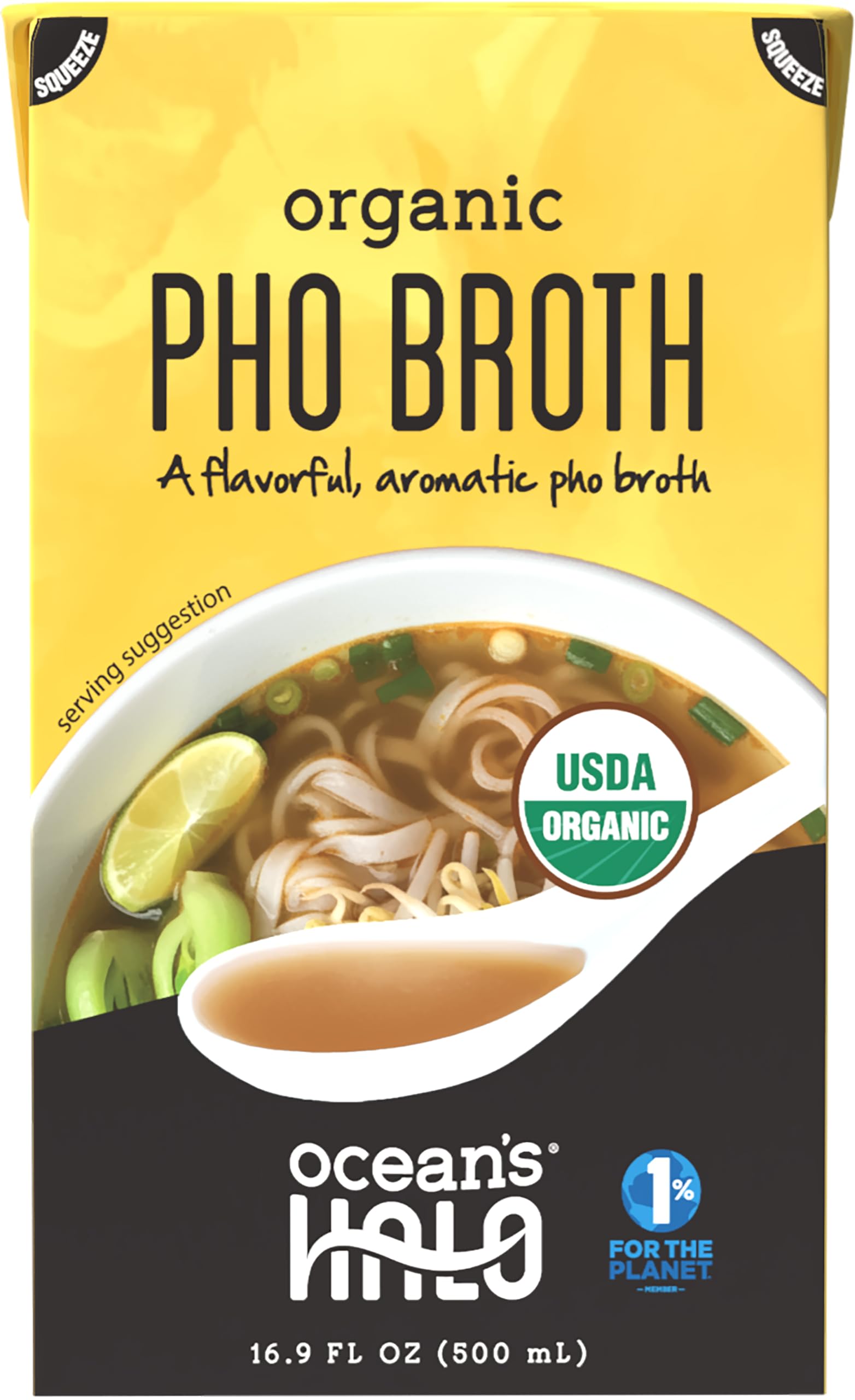 Ocean's Halo Organic Pho Broth - Vietnamese Vegan Soup Base, 16.9 fl oz | Fragrant plant-based broth infused with ginger and star anise. Ready for rice noodles, veggies, and protein.