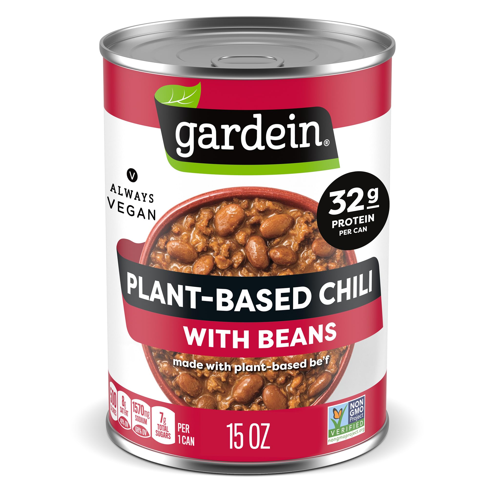 Gardein Plant-Based Chili With Beans, Vegan, 15 oz. Can | High plant-based protein, 32g per serving; 16g fiber per can; vegan; plant-based chili with beans; great for college snacks