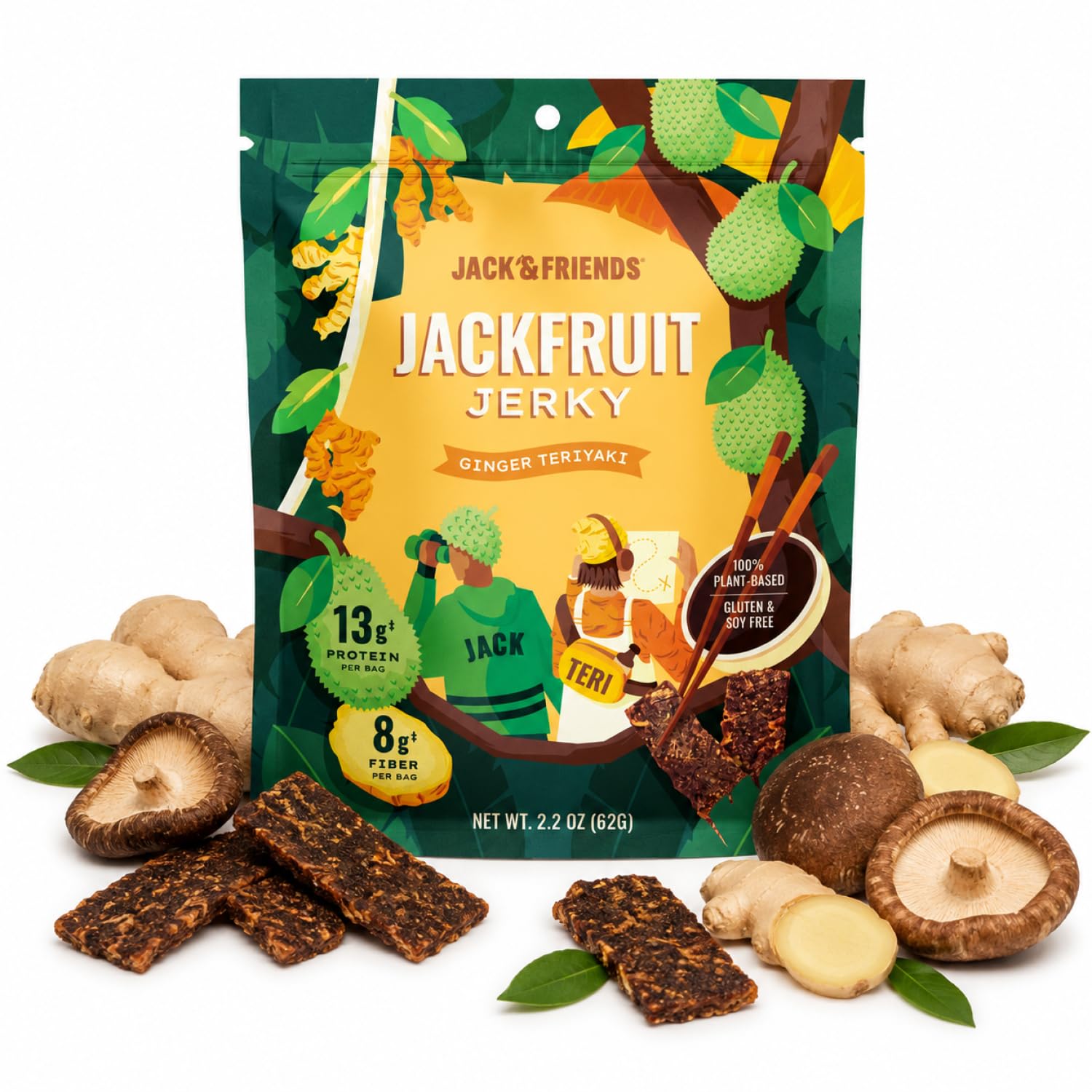 Jack & Friends Jackfruit Jerky Ginger Teriyaki - Plant Based Vegan Jerky Snack, Healthy Meatless Jerky Alternative Made from Jackfruit, 13g Protein, 8g Fiber, Gluten Free, Soy Free, Low Sugar, 2.2 oz (1 Pack)