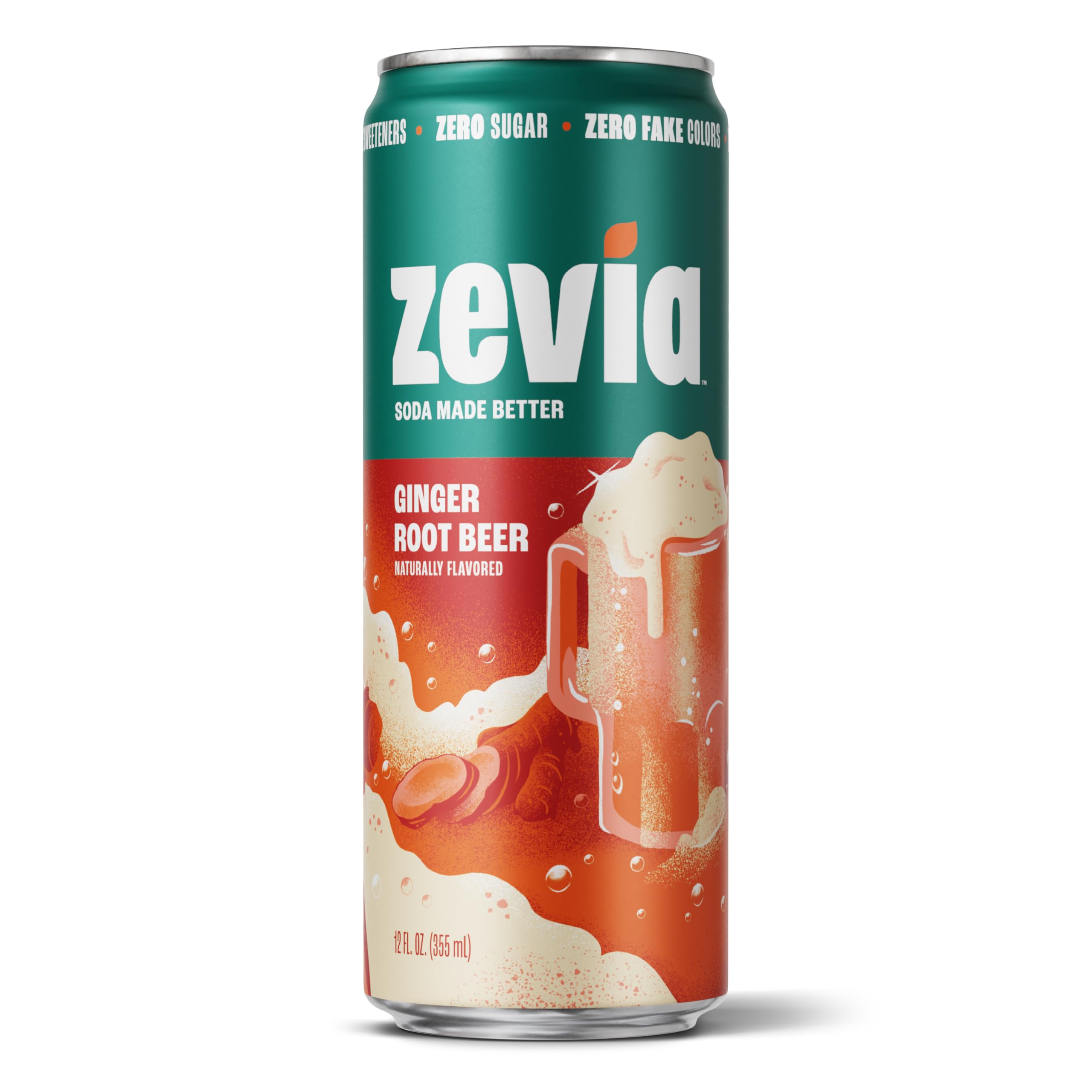 Zevia Zero Sugar Soda, Ginger Root Beer, 12 Ounce Sleek Can