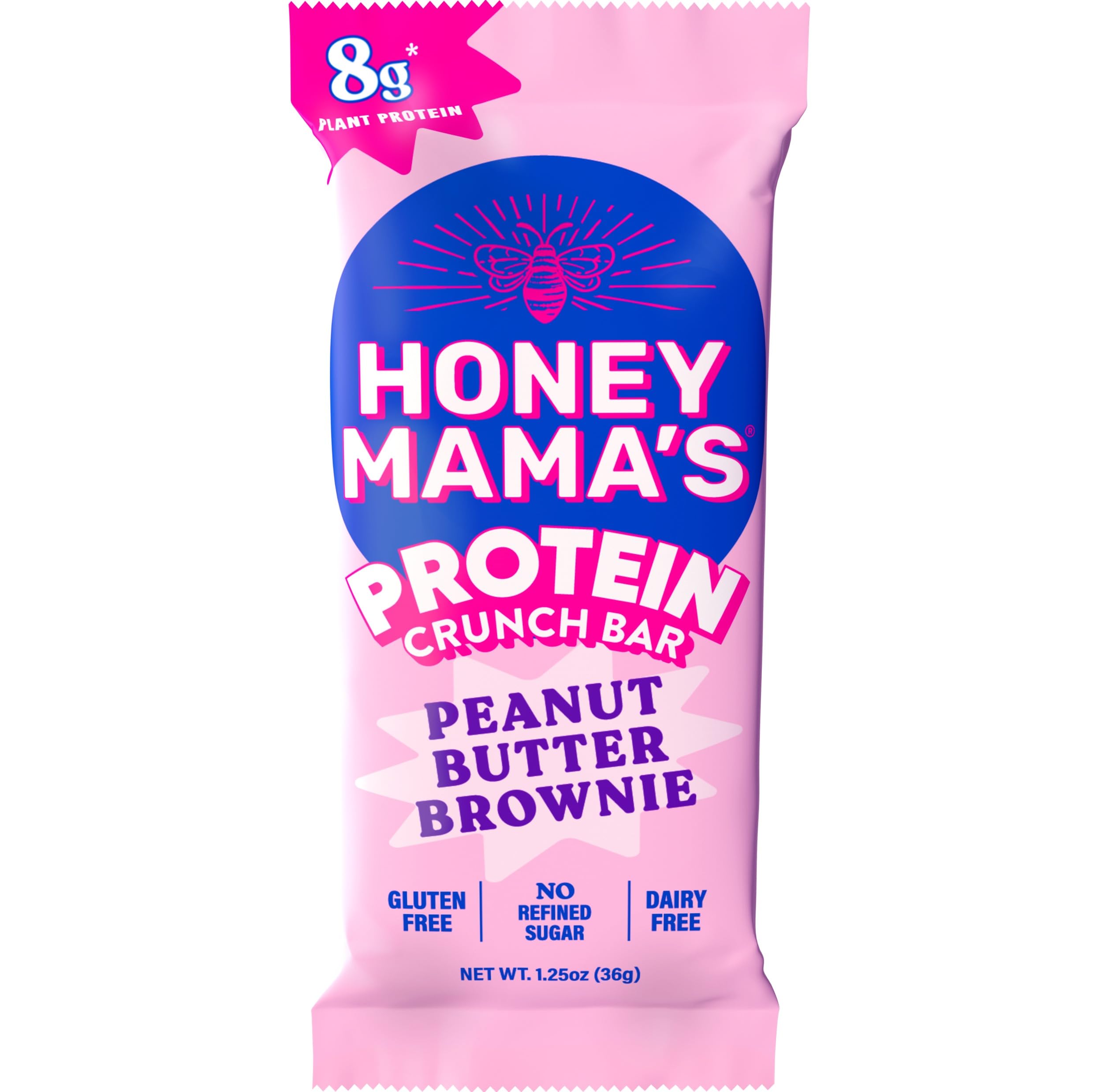 Honey Mama's, Peanut Butter Brownie Protein Crunch Bar, 8g Protein, No Refined Sugar, No Preservatives, Gluten Free, Dairy Free, Soy Free, Fudgy & Crispy, 170 Calories, 1.25 Ounce Bar