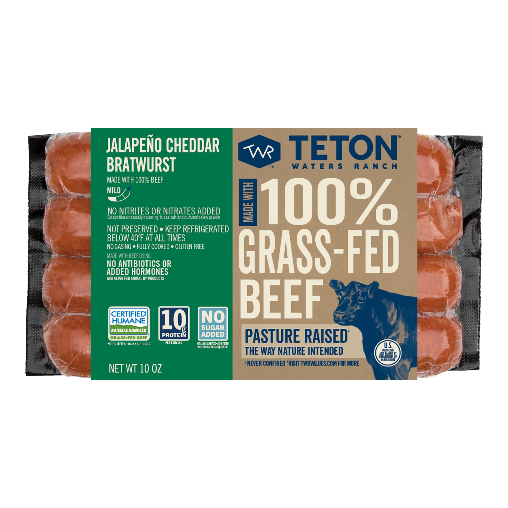 Teton Waters Ranch Jalapeño Cheddar Beef Bratwurst, 100% Grass-Fed Beef, Fully Cooked Mild Bratwurst Sausage, No Sugar, No Nitrites or Nitrates Added, Gluten Free, Certified Humane - 10 oz