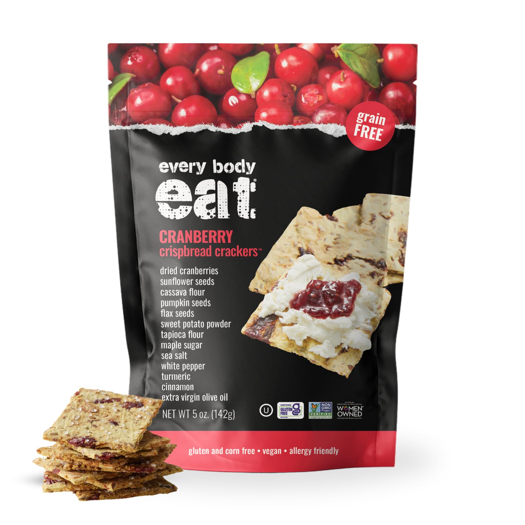 Every Body Eat Crispbread Crackers, Cranberry - Gluten Free, Grain Free, Dairy Free, Vegan, and Seed Oil Free, 5 Ounce