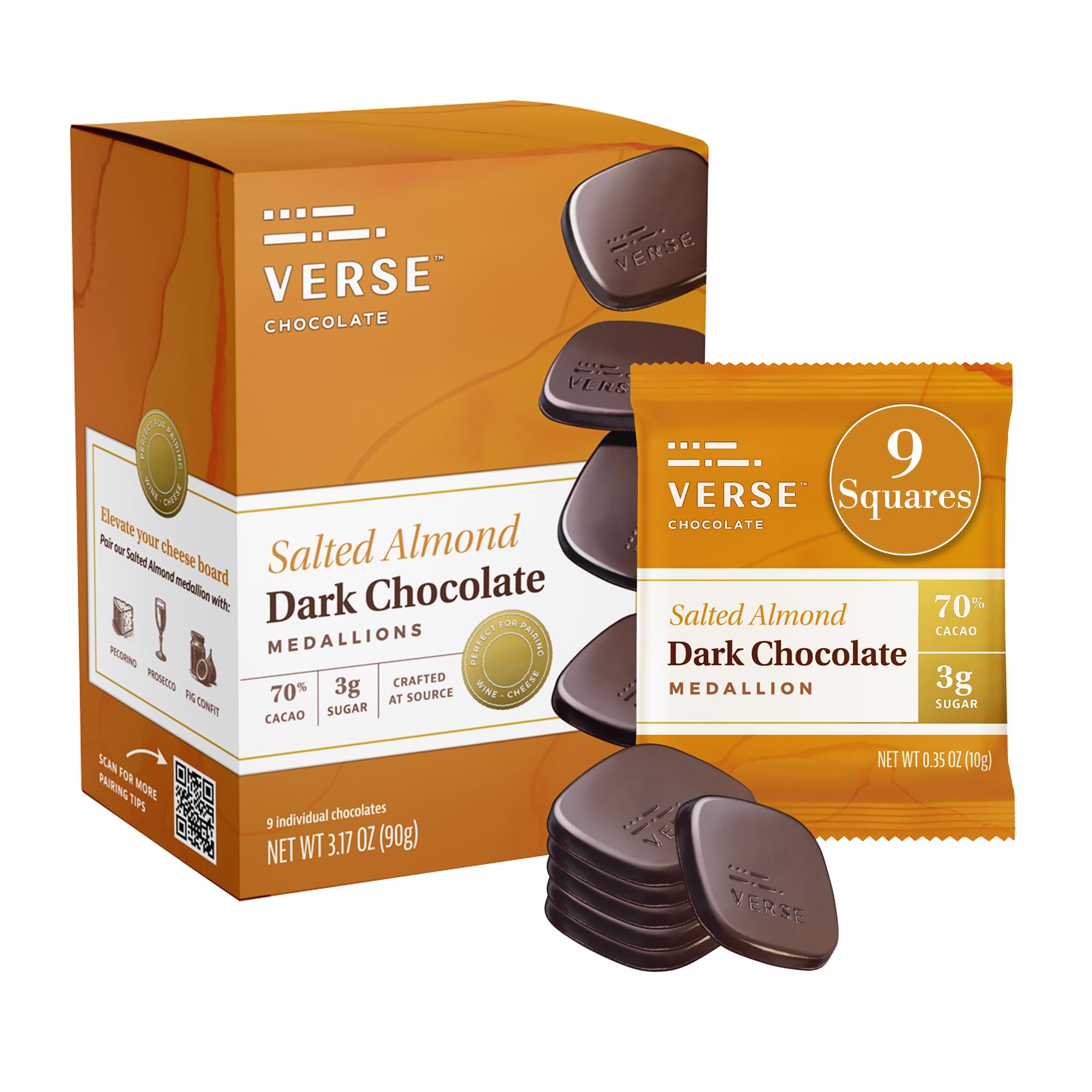 Verse 70% Dark Chocolate with Almonds - Only 3g Cane Sugar - Crunchy Salted Almond - Individually Wrapped Dark Cocoa Bar Chocolates (9 Count, 1 Pack)