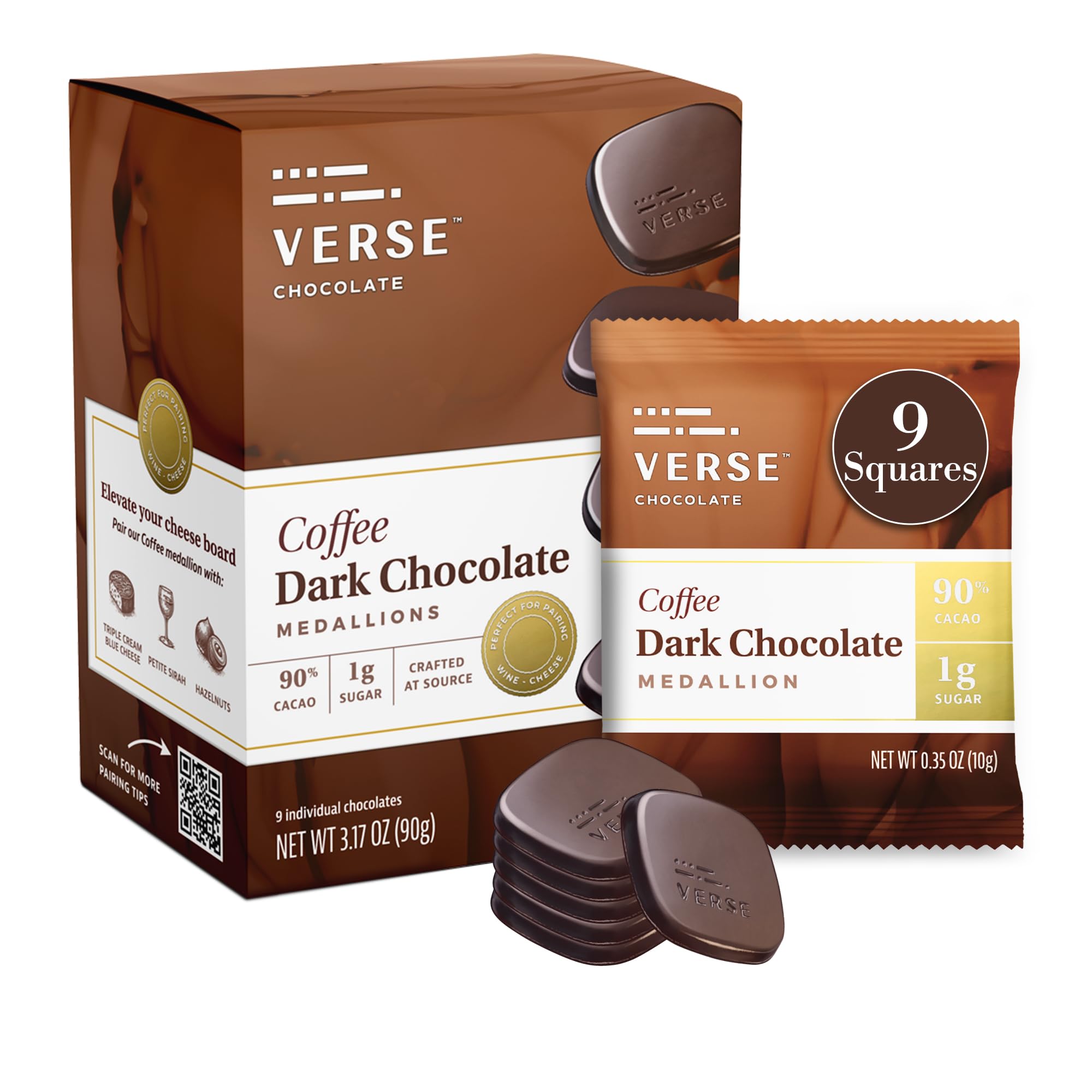 Verse Luxury Dark Chocolate Coffee Squares - Only 1g Cane Sugar - Coffee Flavored 90% Dark Cocoa - Individually Wrapped Cacao Chocolate Squares (9 Count, 1 Pack)