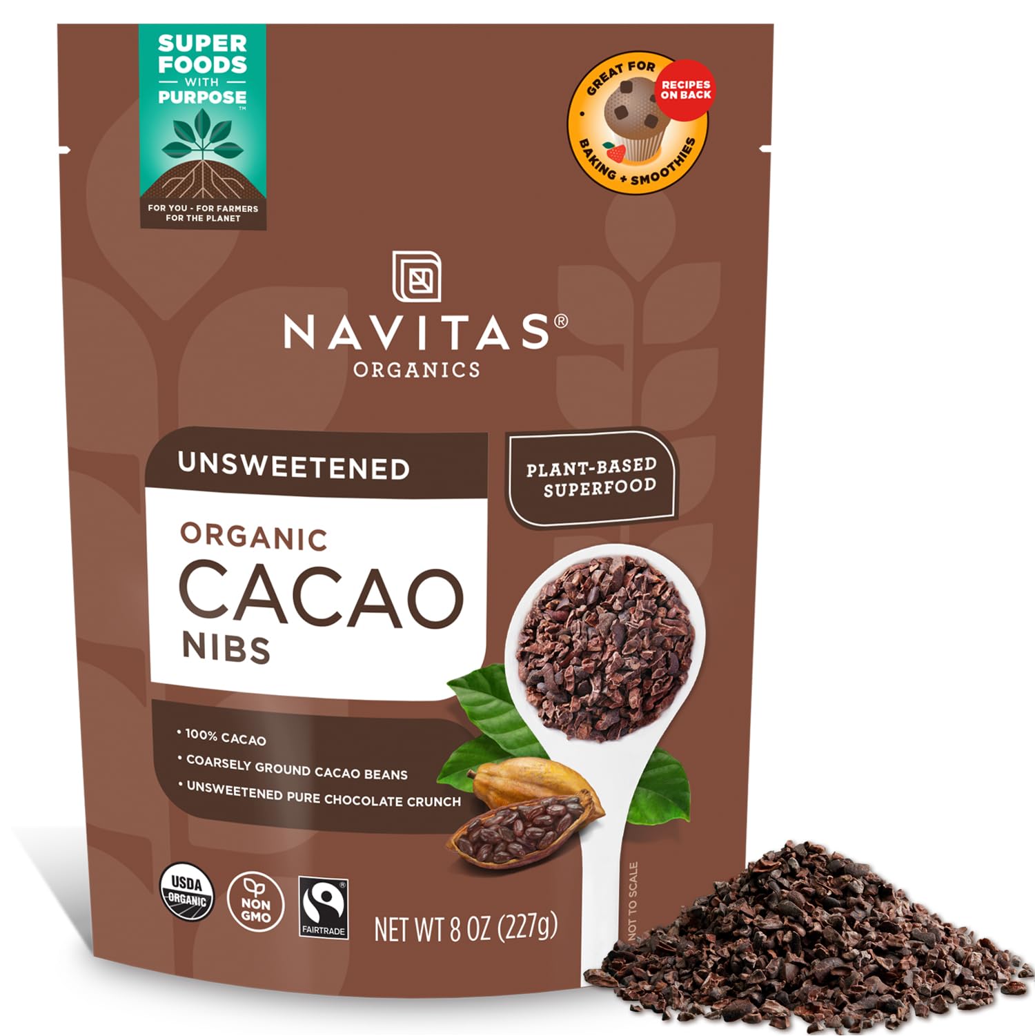 Navitas Organics Cacao Nibs – Unsweetened Dark Chocolate Crunch – Antioxidants, Minerals, Fiber – For Trail Mix, Baking & More – USDA Organic, Fairtrade, Non GMO, Gluten Free, Non-alkalized (8oz. Bag 76 Servings)