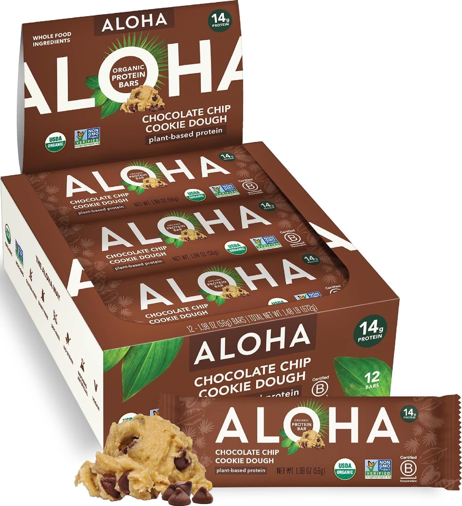 ALOHA Organic Plant Based Protein Bars | Chocolate Chip Cookie Dough, 12 Ct | Only 5g of Sugar, High Fiber, Macro Friendly | GLP-1 & Keto Friendly, No Sugar Alcohols | Non-GMO, Vegan & Dairy Free
