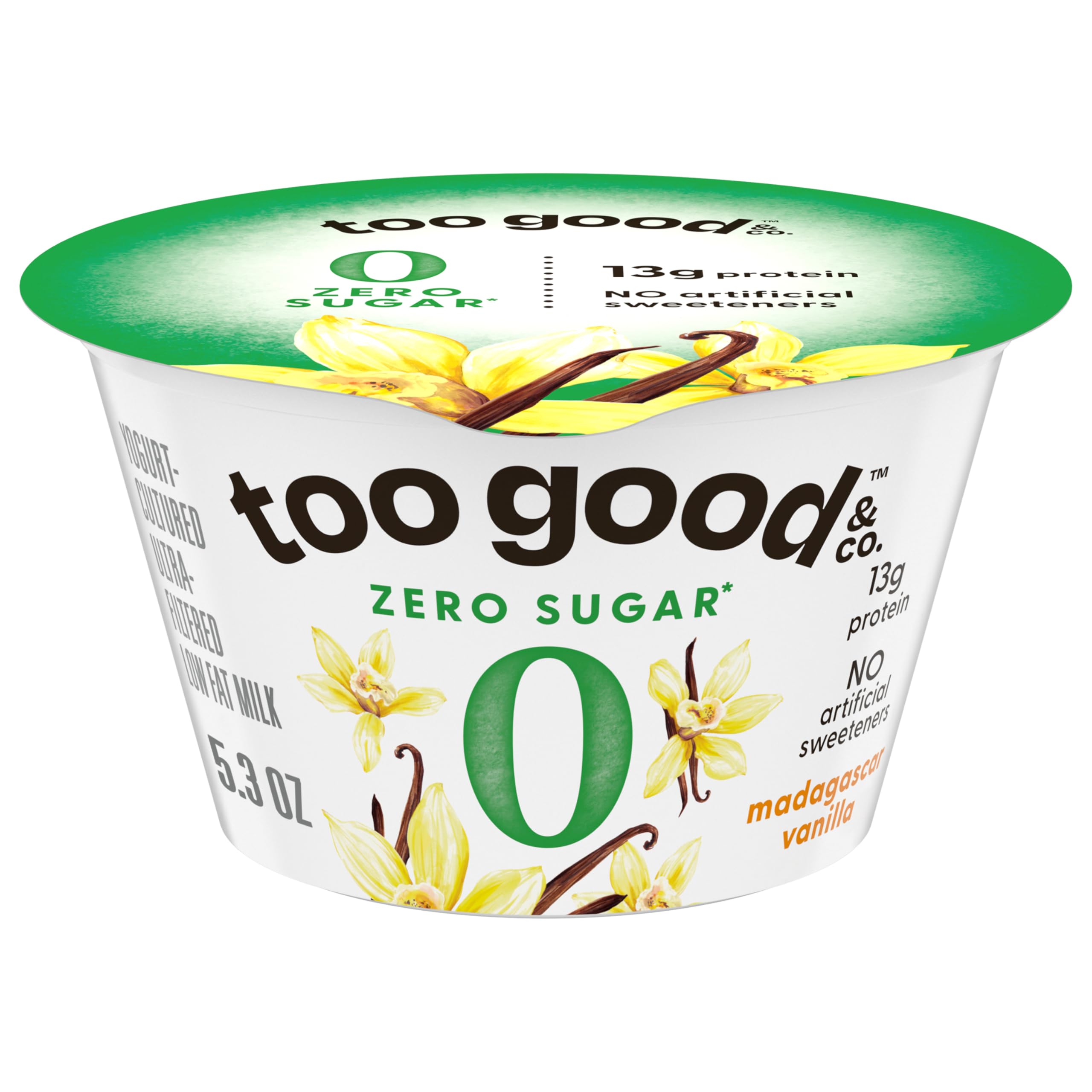 Too Good & Co. Zero Sugar Low Fat Milk Product, Vanilla, 5.3 oz | Smooth & Creamy, 13g Protein, 70 Calories, 0g Total Sugar, No Lactose or Artificial Sweeteners, Non-GMO Project Verified
