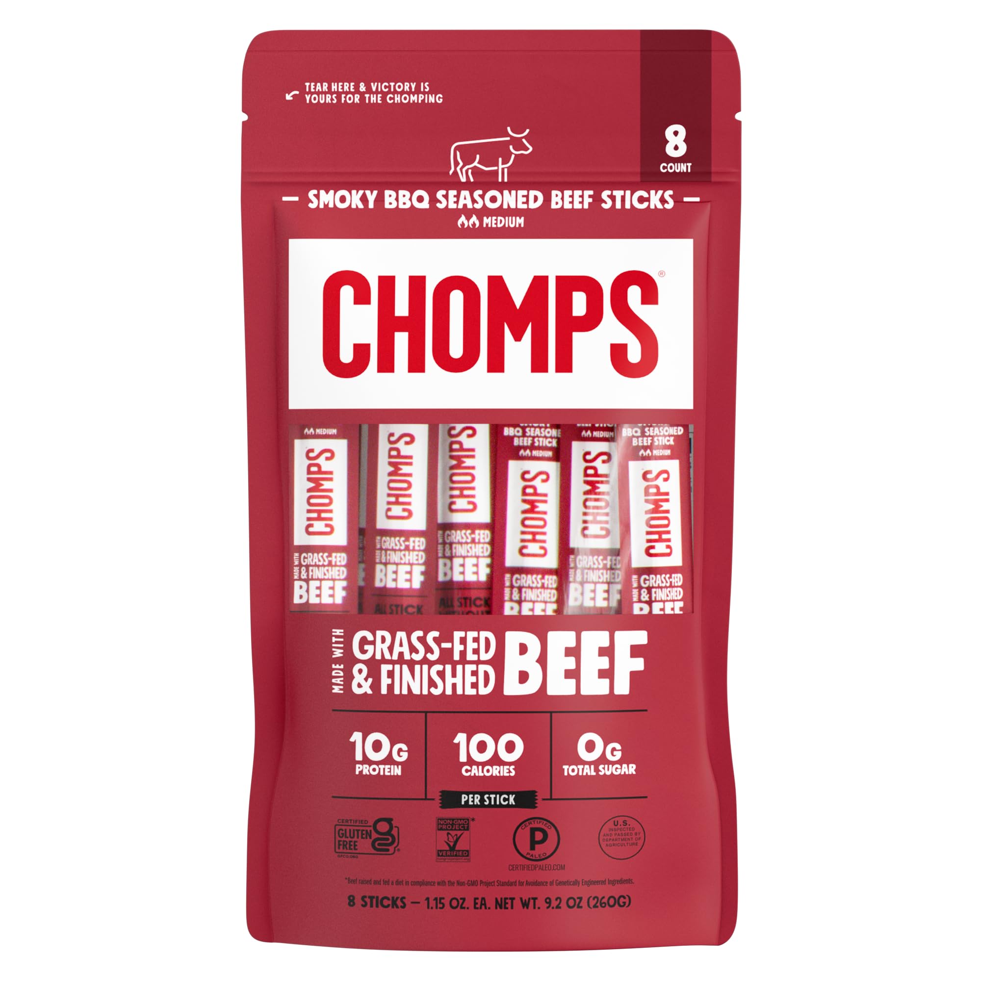 Chomps Smoky BBQ Beef, Grass-Fed & Finished, 8ct, Protein Snack Stick | Gluten-Free, Paleo Snacks, Keto Beef Jerky, Zero Sugar Jerky, Whole 30 Approved Foods, 10G Protein Beef Sticks