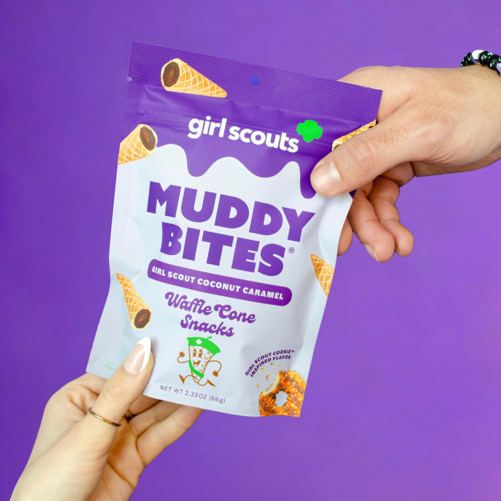 Muddy Bites - Girl Scouts Coconut Caramel - Waffle Cone Snack Bite Sized Filled Cone Bites for Snack or Dessert Made with Cane Sugar, Kosher, Fair Trade Certified