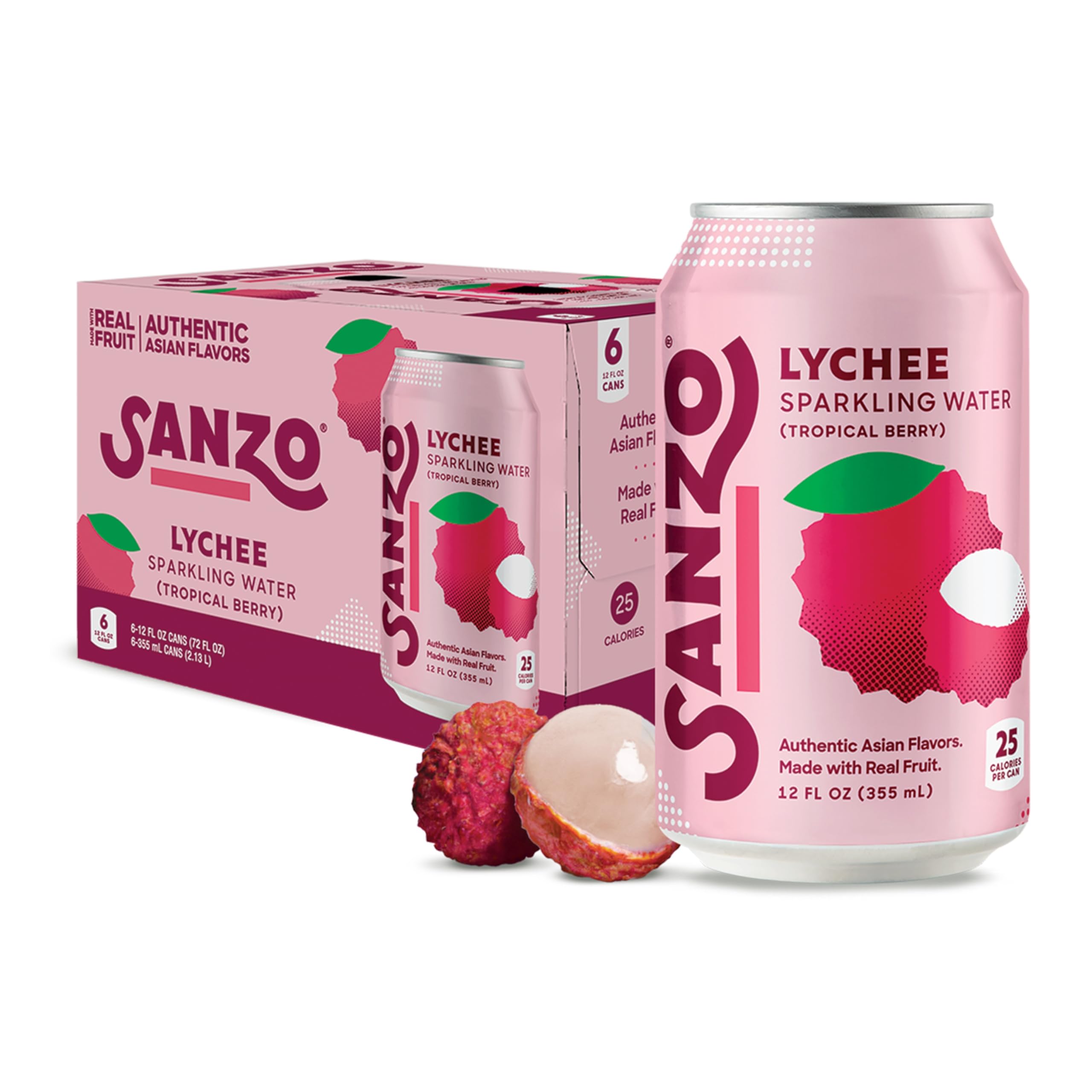 Sanzo Flavored Sparkling Water - Tropical Berry Seltzer (Lychee) | 12oz, 6 Pack, Low Calorie Low Sugar, Craft Asian Drinks, Vegan Gluten Free Carbonated Flavored Water, Fizzy Healthy Drinks