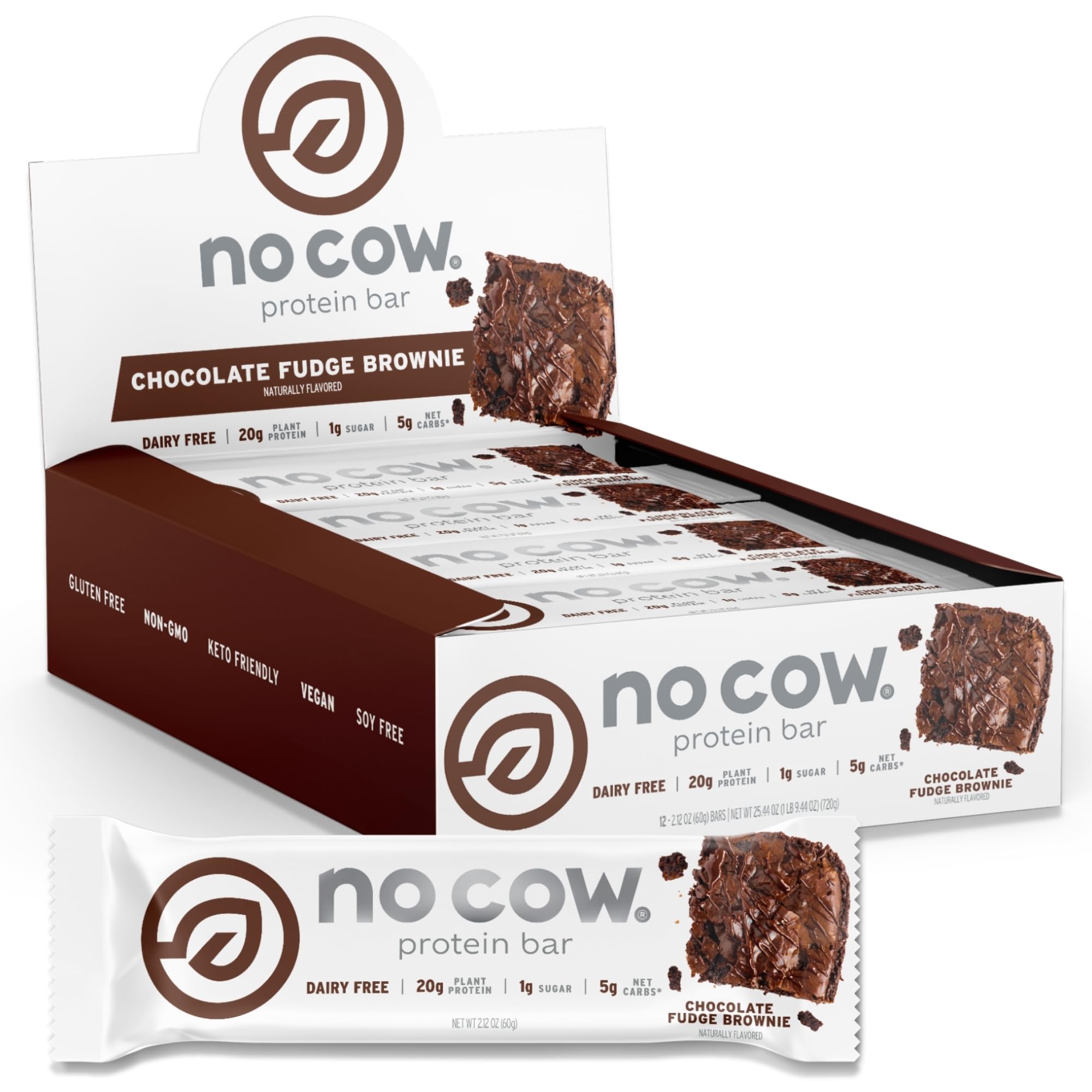 No Cow Chocolate Fudge Brownie Vegan Protein Bars, 12 Pack | 20g High Plant-Based Protein, High Fiber, Low Sugar, Gluten-Free, Dairy-Free, Soy-Free, Keto-Friendly Snack Bars
