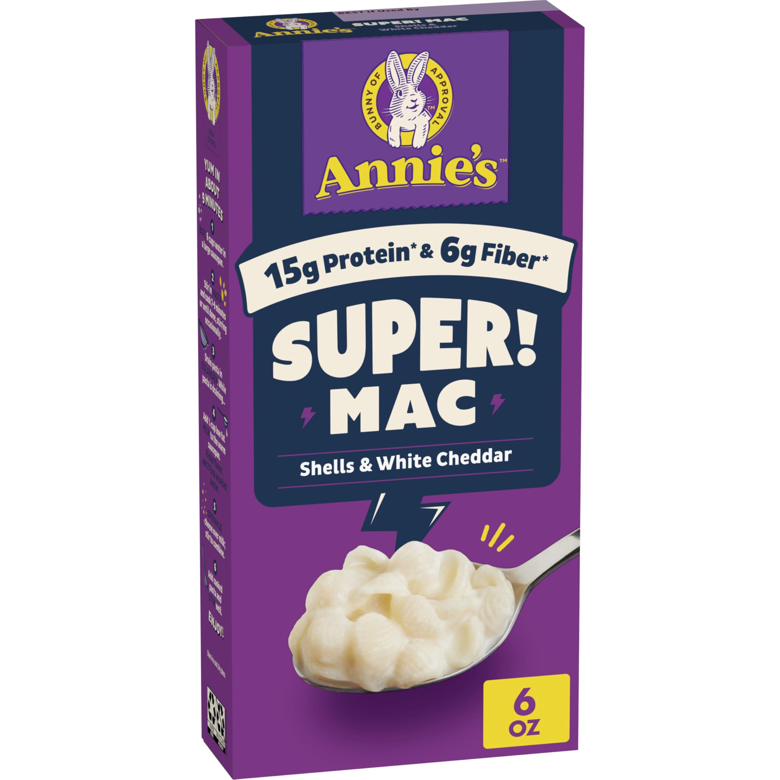 Annie's Super! Mac Shells and White Cheddar Mac & Cheese, 6 oz | 15g Protein and 6g Fiber Per Serving, Organic Wheat and Pea Pasta Shells, Ready in About 9 Minutes