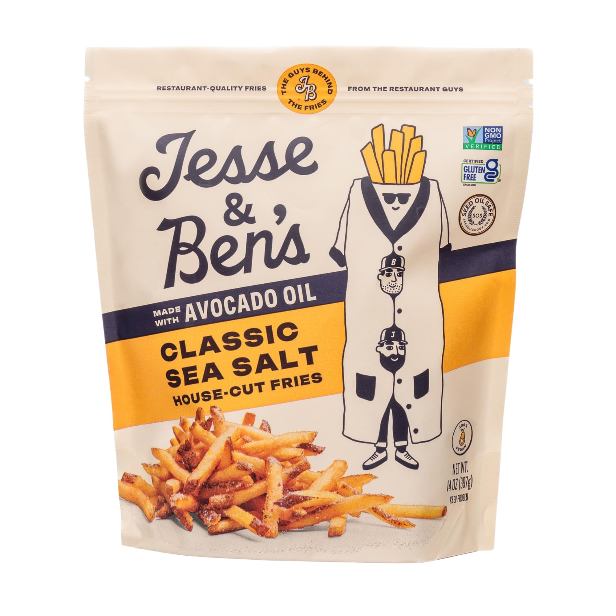 Jesse & Ben's Classic Sea Salt House-Cut Fries Made with Avocado Oil, 14 oz | Gluten-Free, Non-GMO, Vegan Frozen Potatoes, Simple Snack with No Seed Oils for a Crispy Treat with 3 Ingredients
