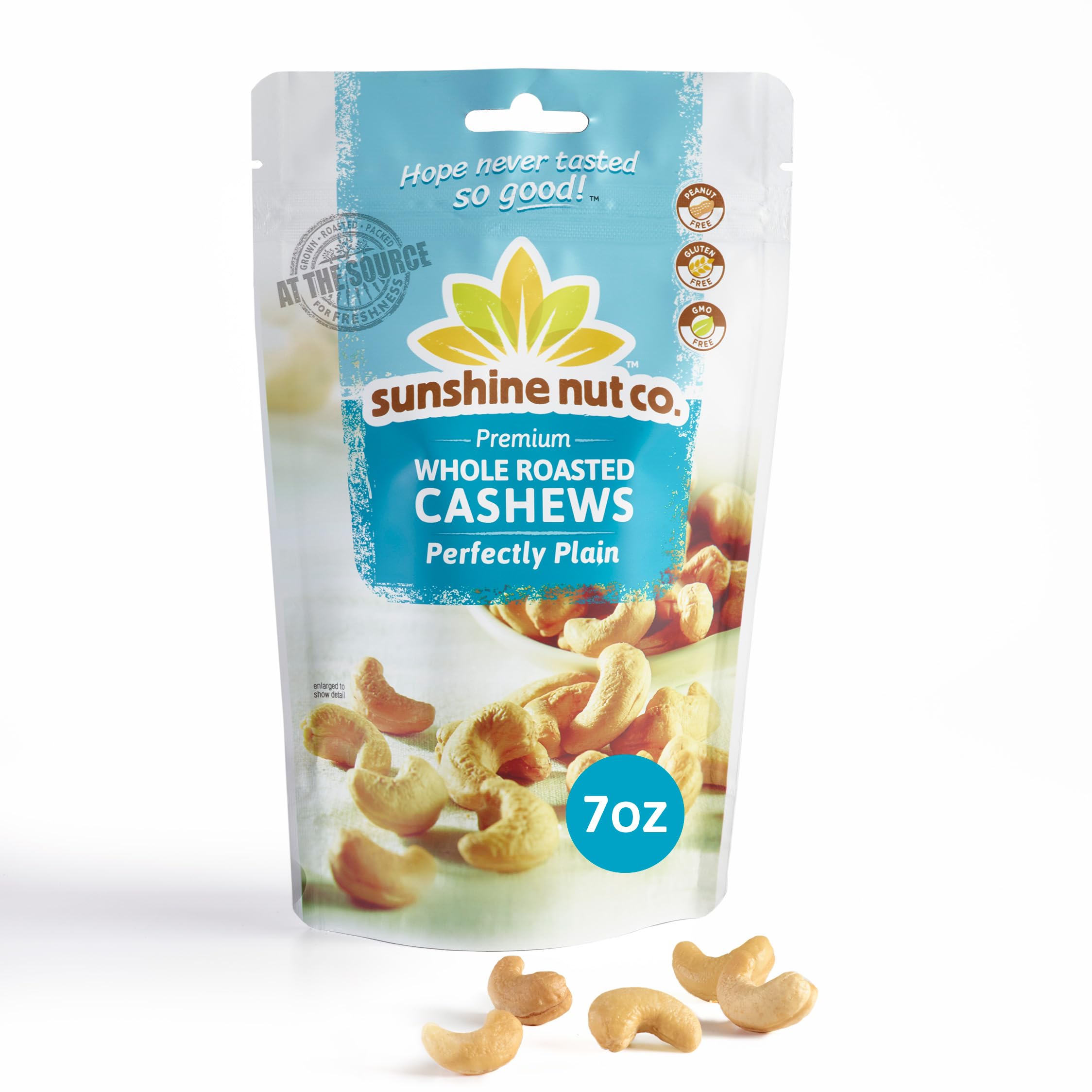 Sunshine Nut Co. Roasted Cashews, Adults, Perfectly Plain, Single 7 oz Bag | No Added Salt, Gluten Free, Peanut Free, Vegan, GMO Free, Snack for Kids and Adults, Perfectly Plain Flavor, Single 7 oz