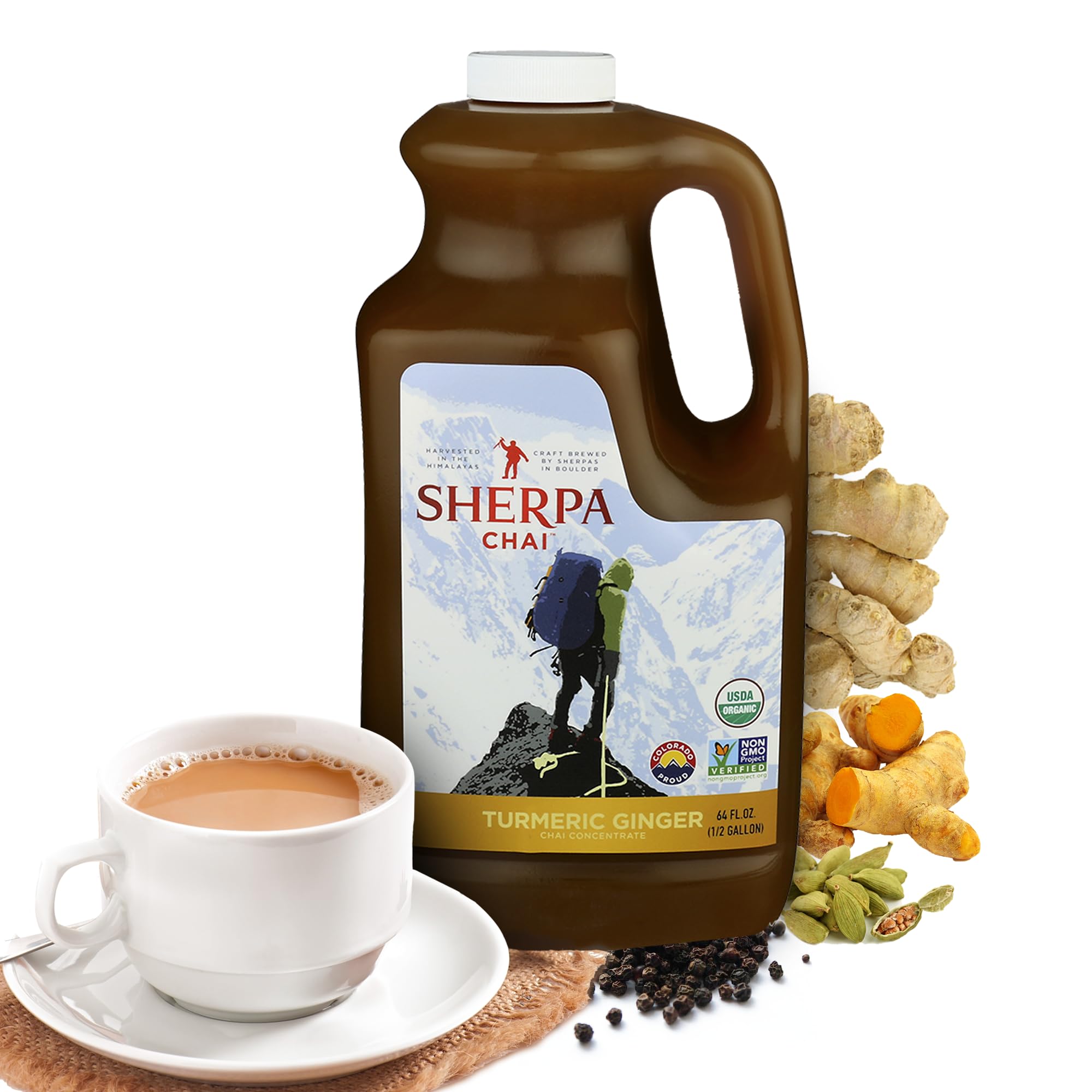 Sherpa Chai Freshly Pressed Turmeric Ginger Organic Chai Tea Concentrate, 64 oz - Himalayan Black Tea w/Non-GMO Ingredients - Authentic Recipe Brewed by Nepali Sherpas - Gift for Tea Lovers