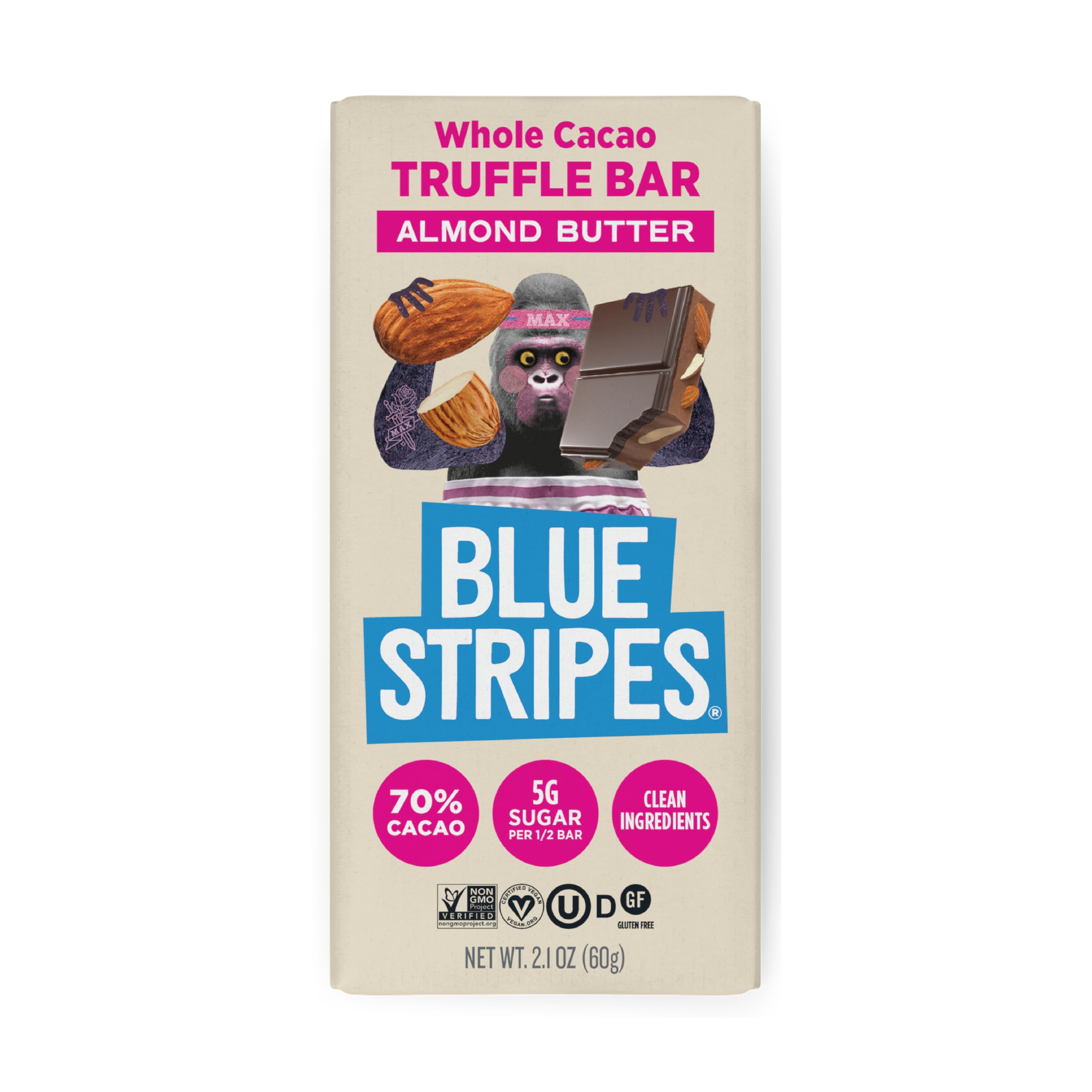 Blue Stripes - Almond Butter Whole Cacao Truffle Chocolate Bars, 70% Cacao, Almond Butter, Healthy Chocolate, Vegan, No Refined Sugar, Non GMO, Gluten Free, 2.1 OZ