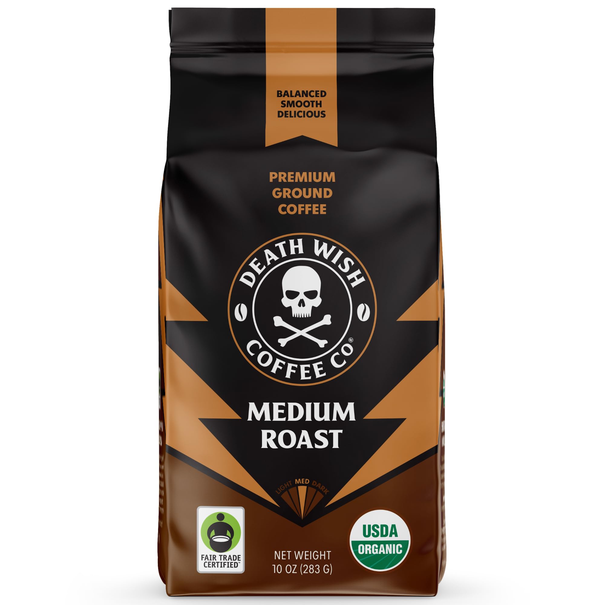 Death Wish Coffee Organic Medium Roast Ground Coffee, Fair Trade, 10 oz | Arabica & Robusta Blend, Stone Fruit Caramel & Roasted Nut Notes, Smooth & Balanced, Drip & French Press