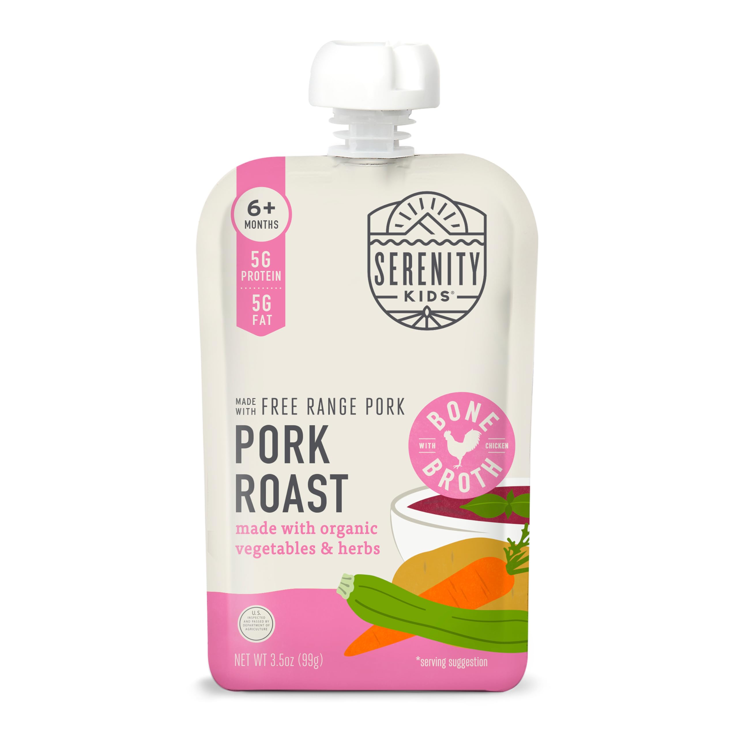Serenity Kids 6+ Month Pork Baby Food Pouches - Free Range Pork Roast with Bone Broth, Organic Vegetables & Herbs - BPA-Free Food Pouches for Baby - 3.5 Oz, 1 Pack
