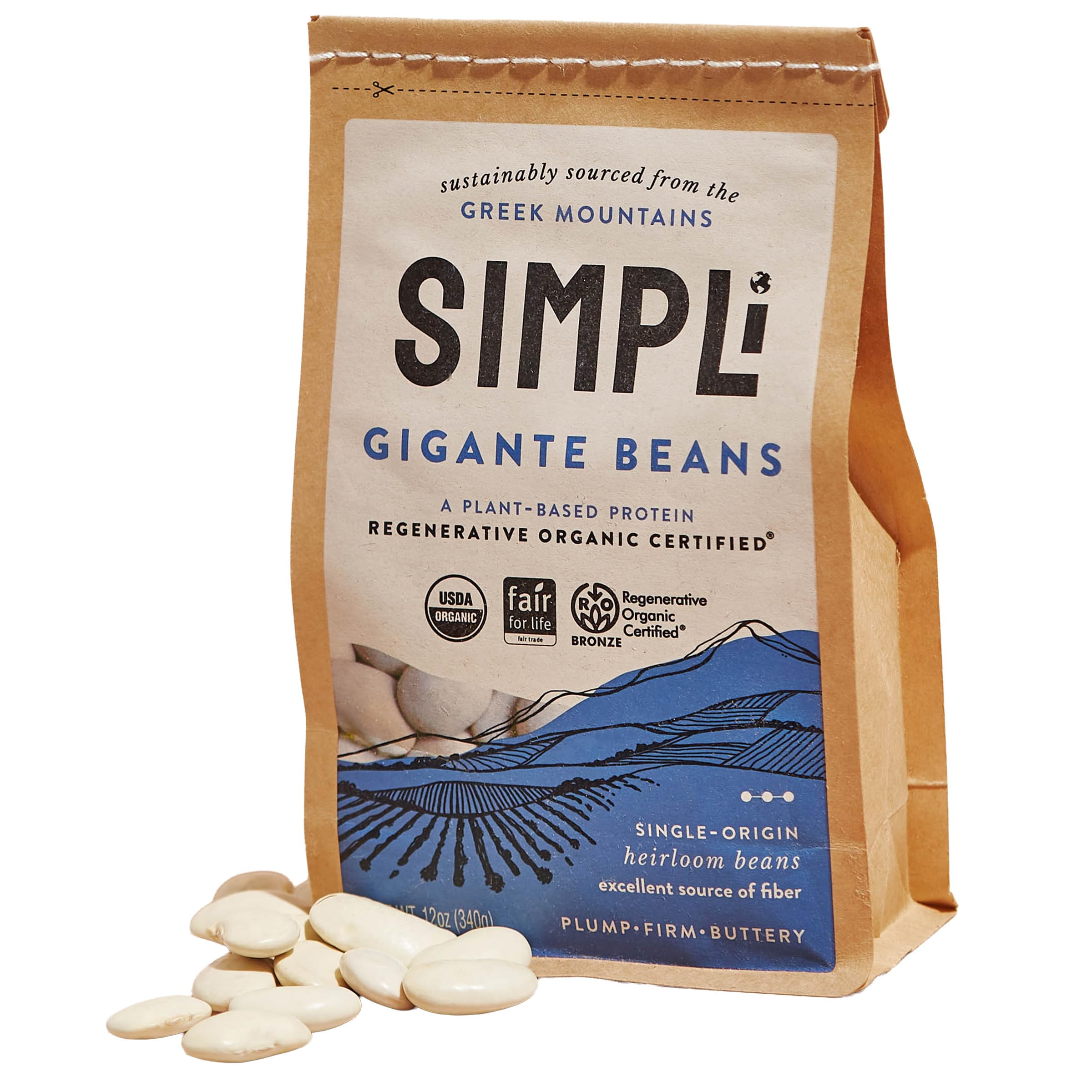 SIMPLi Regenerative Organic Certified Gigantes Beans, 12 OZ (1-Pack) | 13g Fiber & Plant Protein Per Serving with a Creamy, Buttery Texture for Salads, Roasted Dishes & Comforting Meals