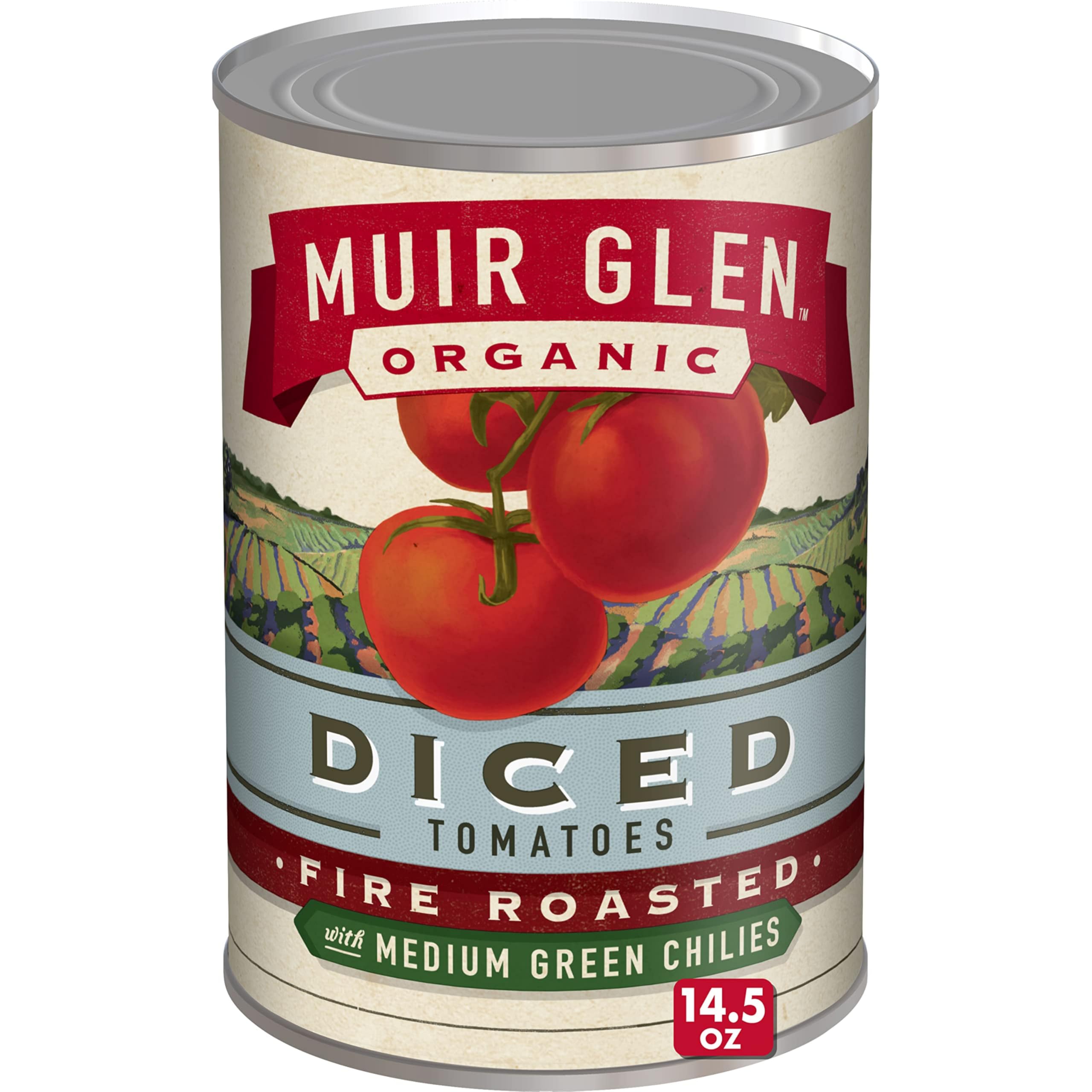 Muir Glen Organic Diced Fire Roasted Tomatoes with Green Chilies, 14.5 oz | Canned Tomatoes, Smoky Fire-Roasted Flavor with Medium Green Chili Kick, USDA Organic, Non-GMO Project Verified