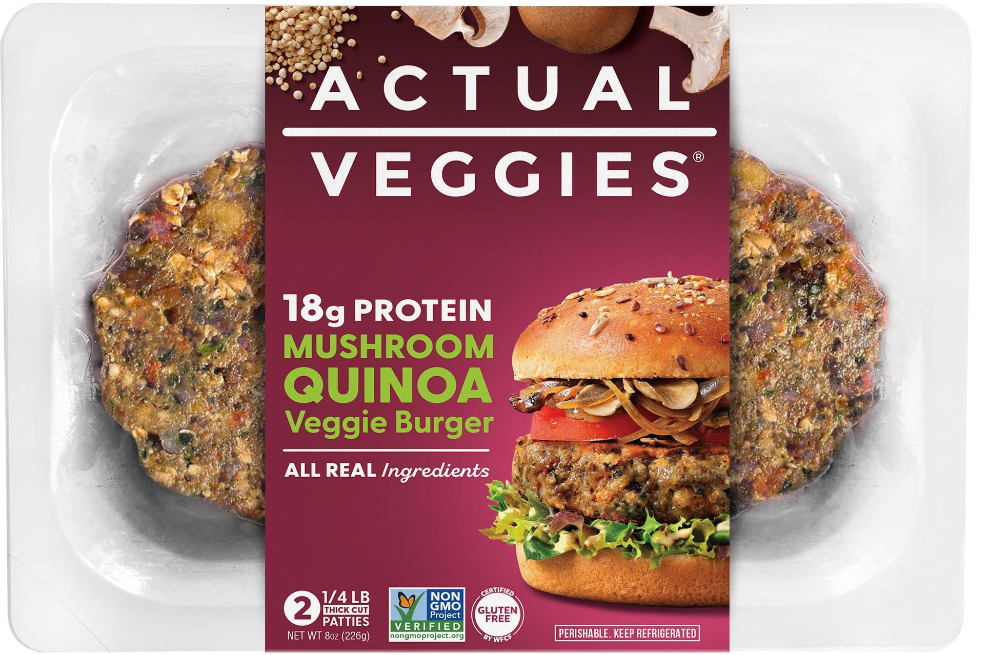 Actual Veggies 18g Protein Mushroom Quinoa Veggie Burger, 8 Oz (2-ct)