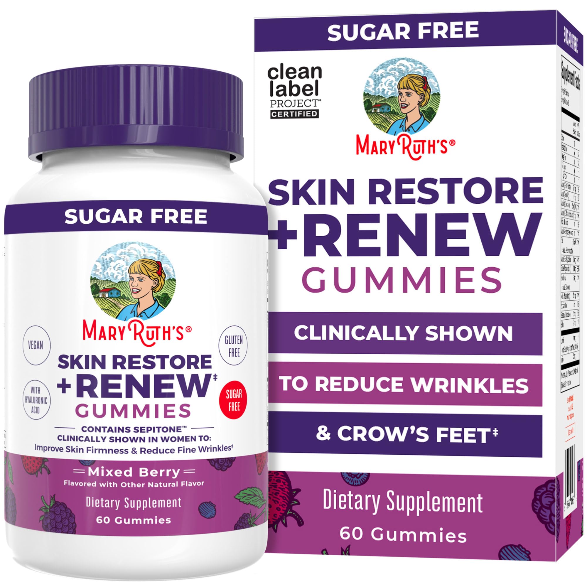 MaryRuth's Skin Restore + Renew Gummies with Hyaluronic Acid, 60 Gummies | Skin Hydration, Clinically Shown to Reduce Fine Wrinkles & Improve Skin Firmness in Women, Vegan Collagen Production