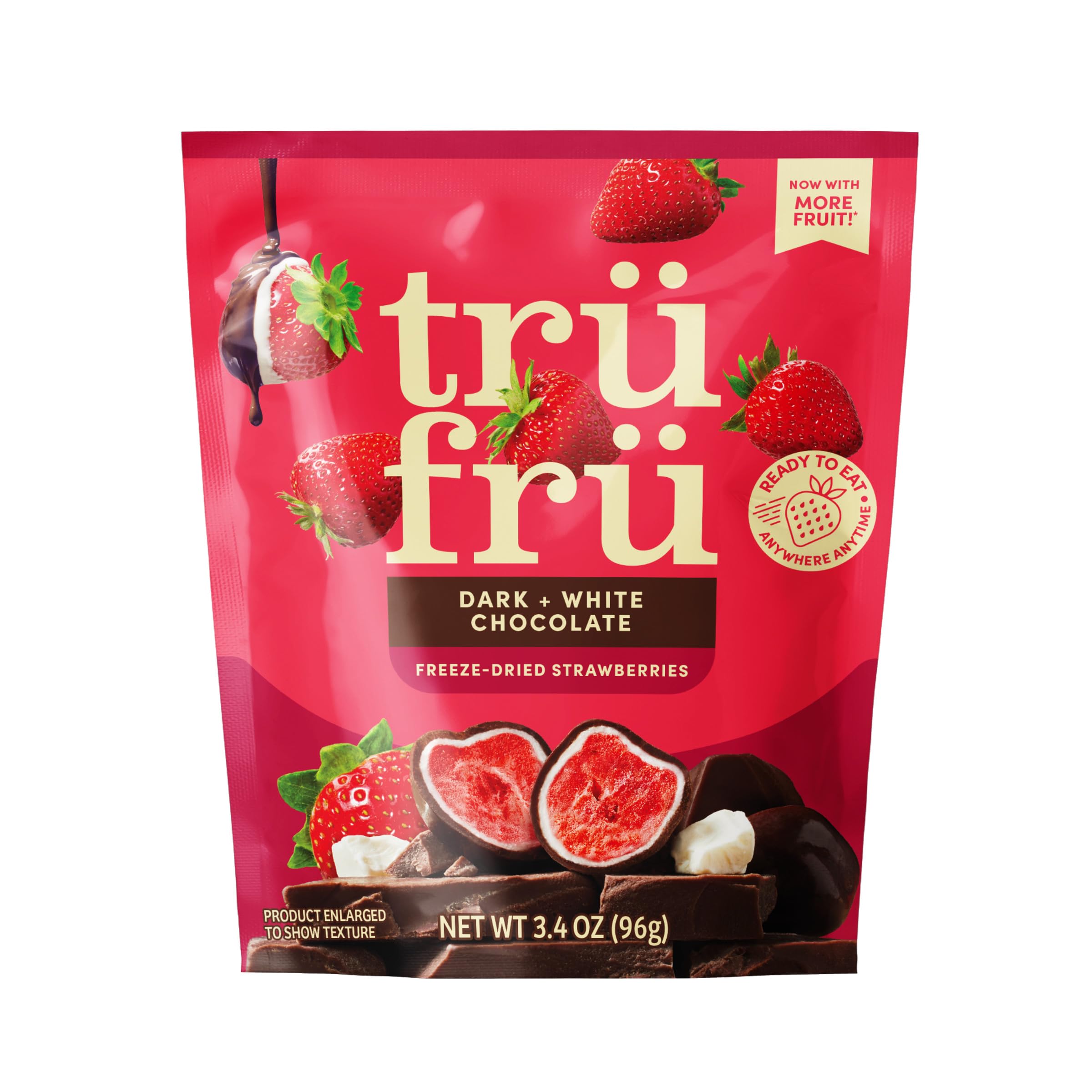 Tru Fru Freeze Dried Strawberries in Dark & White Chocolate, 3.4 Ounce Bag | Freeze-dried real fruit; gluten free; kosher; shelf stable, no freezer needed, 150 calories per 1 oz serving