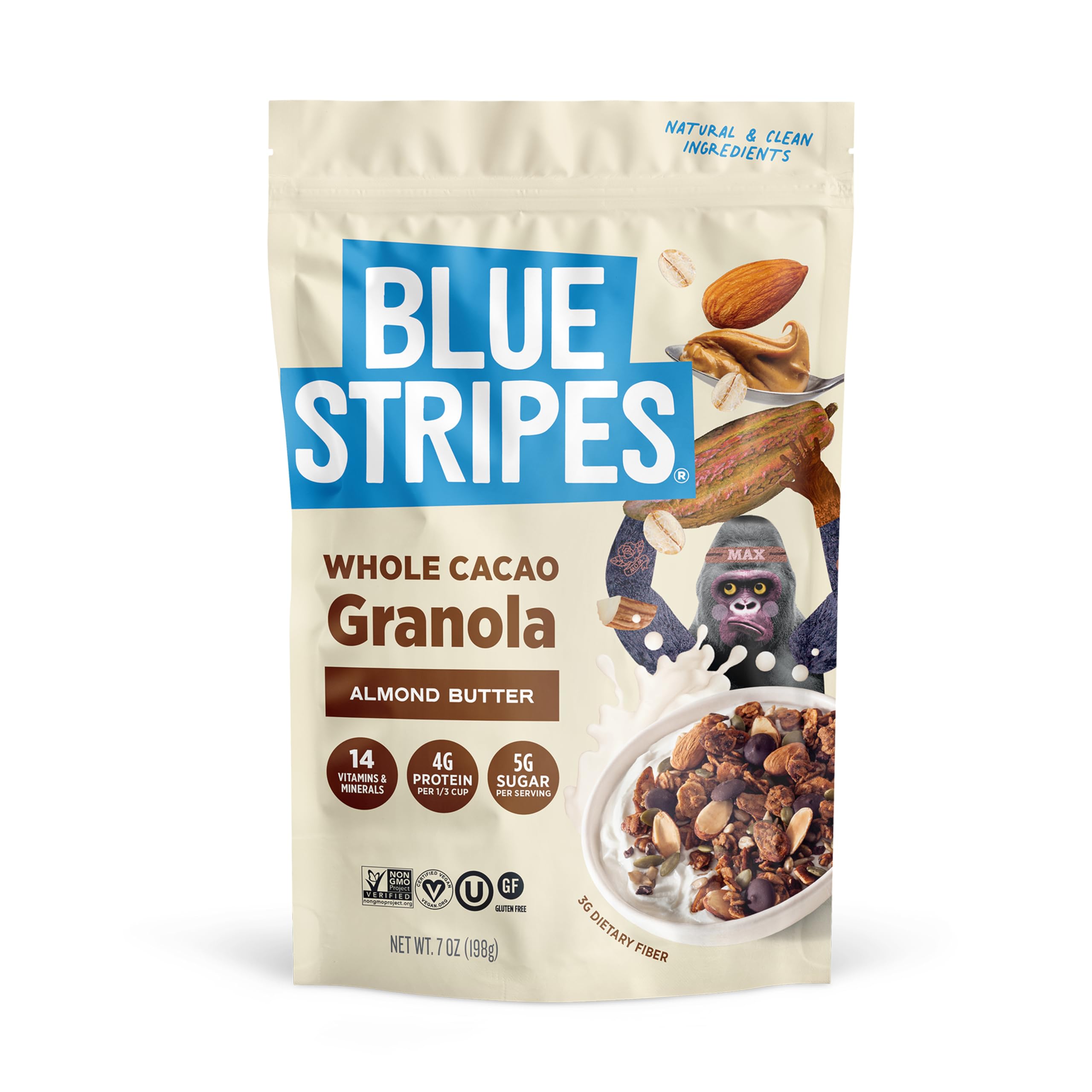 Blue Stripes Whole Cacao Granola - Gluten Free Dark Chocolate Granola for Cereal, Oatmeal, Yogurt, 4g Protein Per Serving, Source of Fiber, Vegan, Low Sugar - Almond Butter, 7 oz