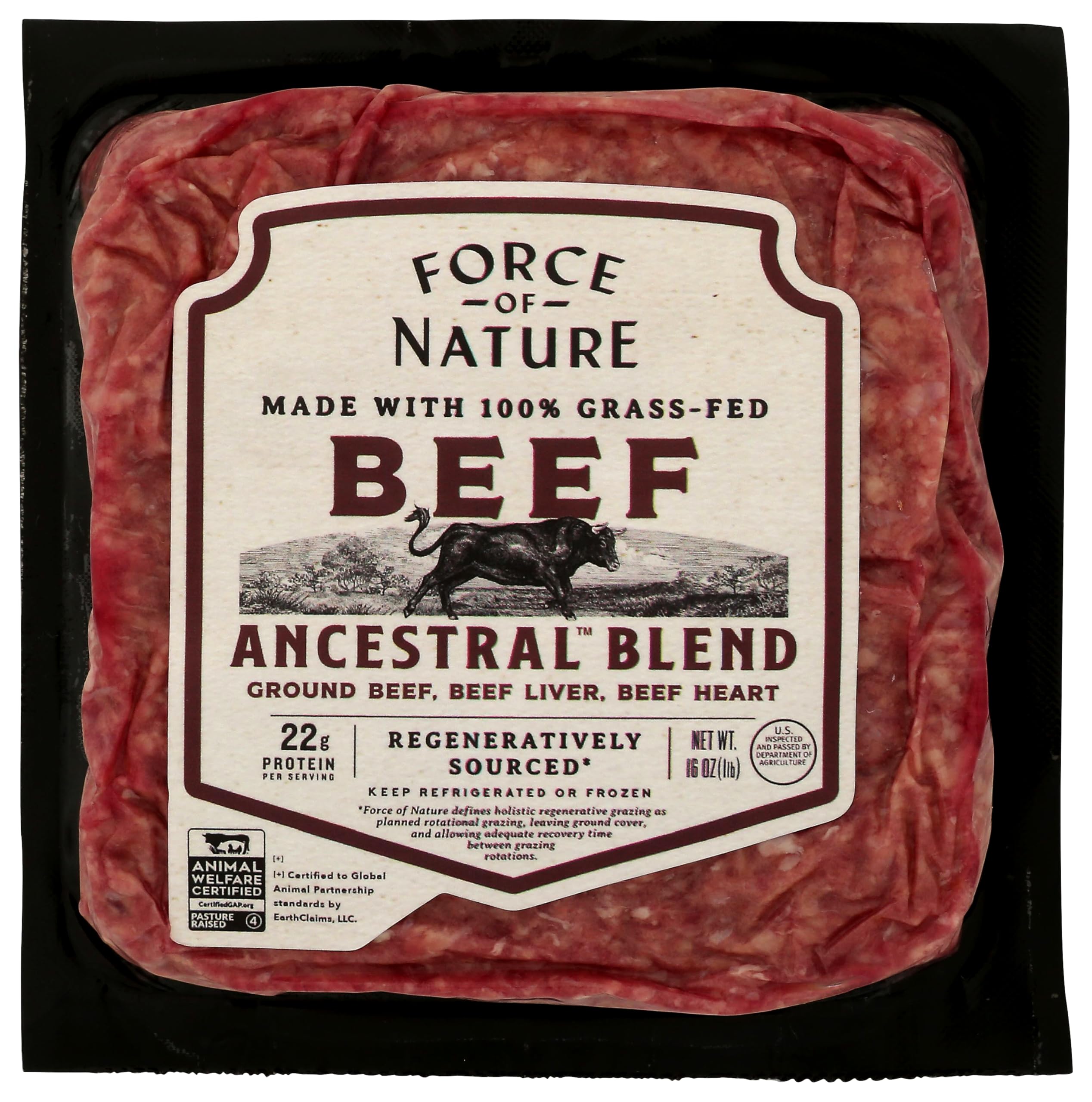 Force of Nature Meats 100% Grass-fed Ground Beef Ancestral Blend | Beef with Liver & Heart | Regenerative | 16oz
