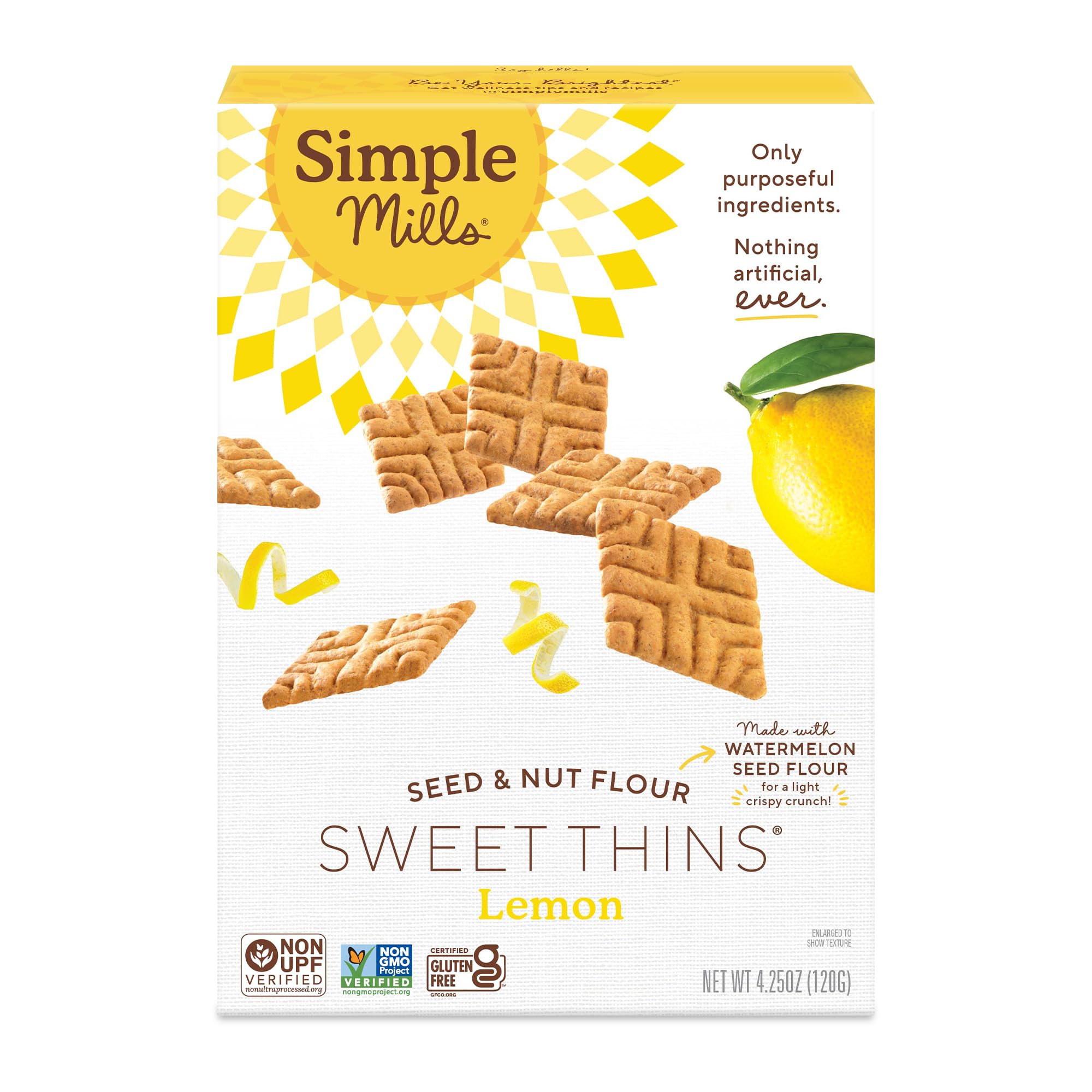Simple Mills Sweet Thins Lemon Cookies, 1pk, 4.25oz | Light, Crispy, Crunchy Texture, Sweetened with Coconut Sugar, Made with Seed and Nut Flour, No Natural or Artificial Flavors