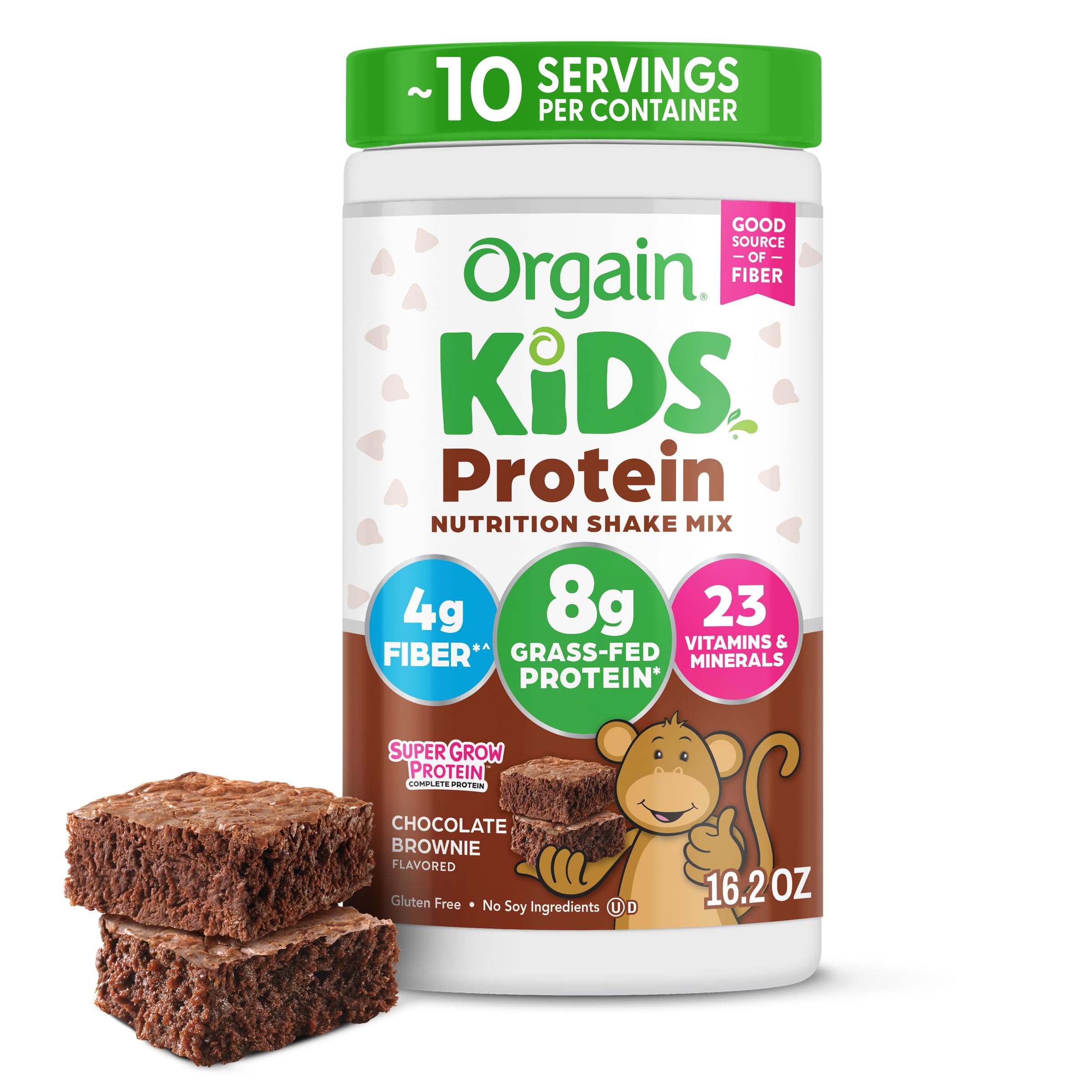 Orgain Kids 8g Grass-Fed Dairy Protein Powder, Chocolate Brownie, 1lb | Powder shake mix, 4g fiber, 23 vitamins & minerals, gluten free, no soy, adds nutritents to snacks, for shakes & smoothies