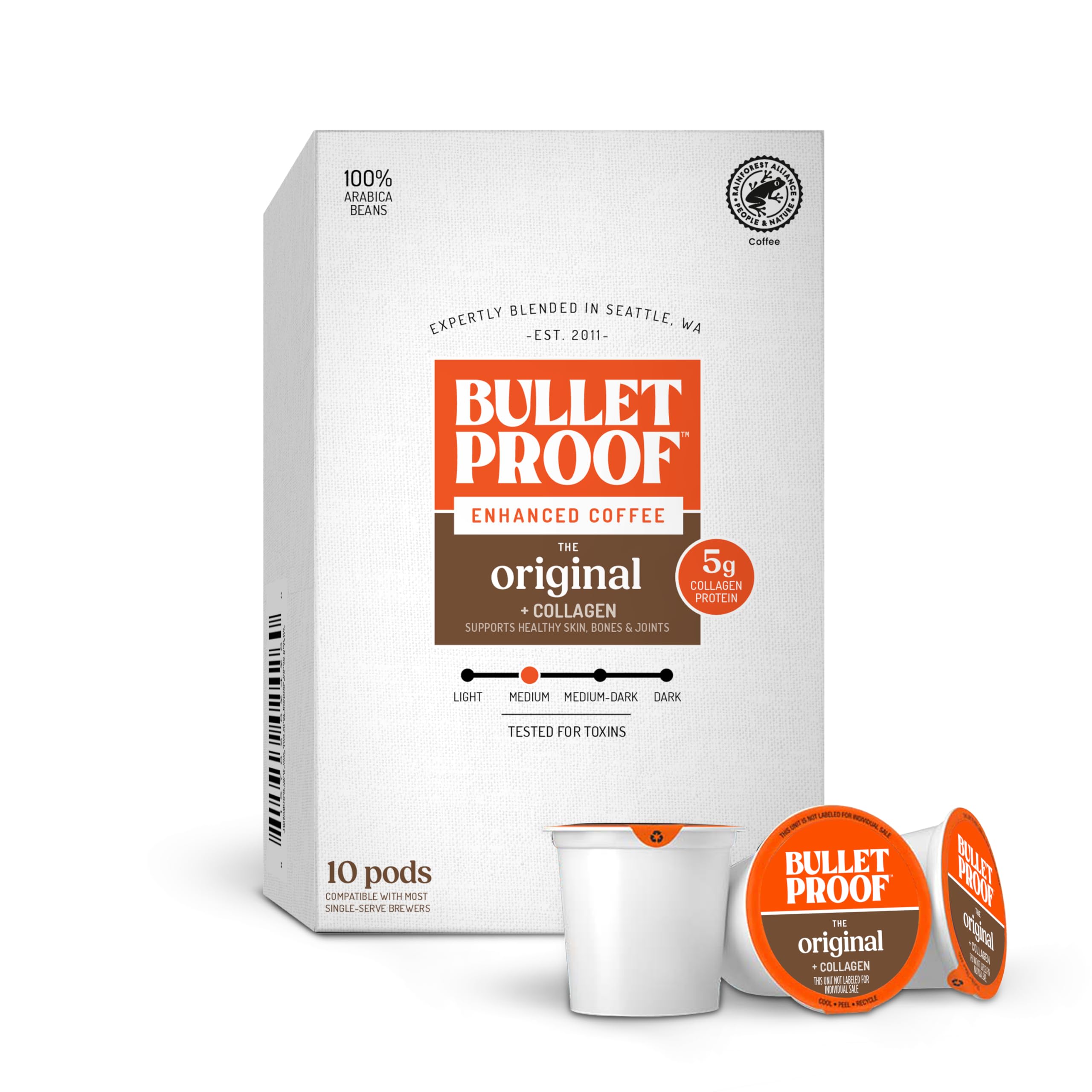 Bulletproof Coffee + Collagen Single-Serve Coffee Pods, 10 Count | Clean Coffee Sustainably Sourced, 100% Arabica Coffee, Tested for Toxins