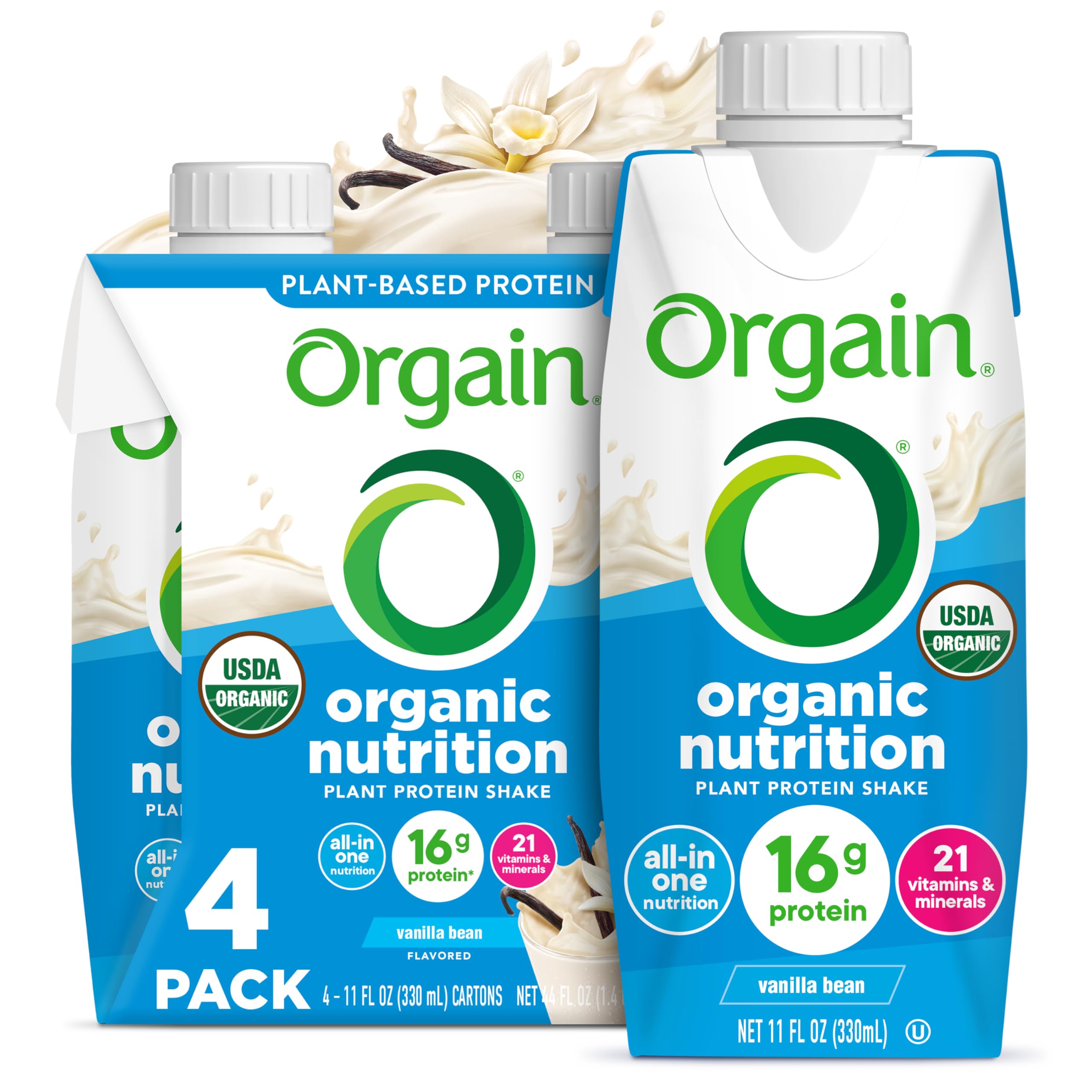 Orgain Organic Nutritional Vegan 16g Protein Shake, Vanilla, 11 oz, 4pk | Ready to drink plant based protein, meal replacement, 21 vitamins & minerals, fruits & vegetables, non-GMO, gluten-free