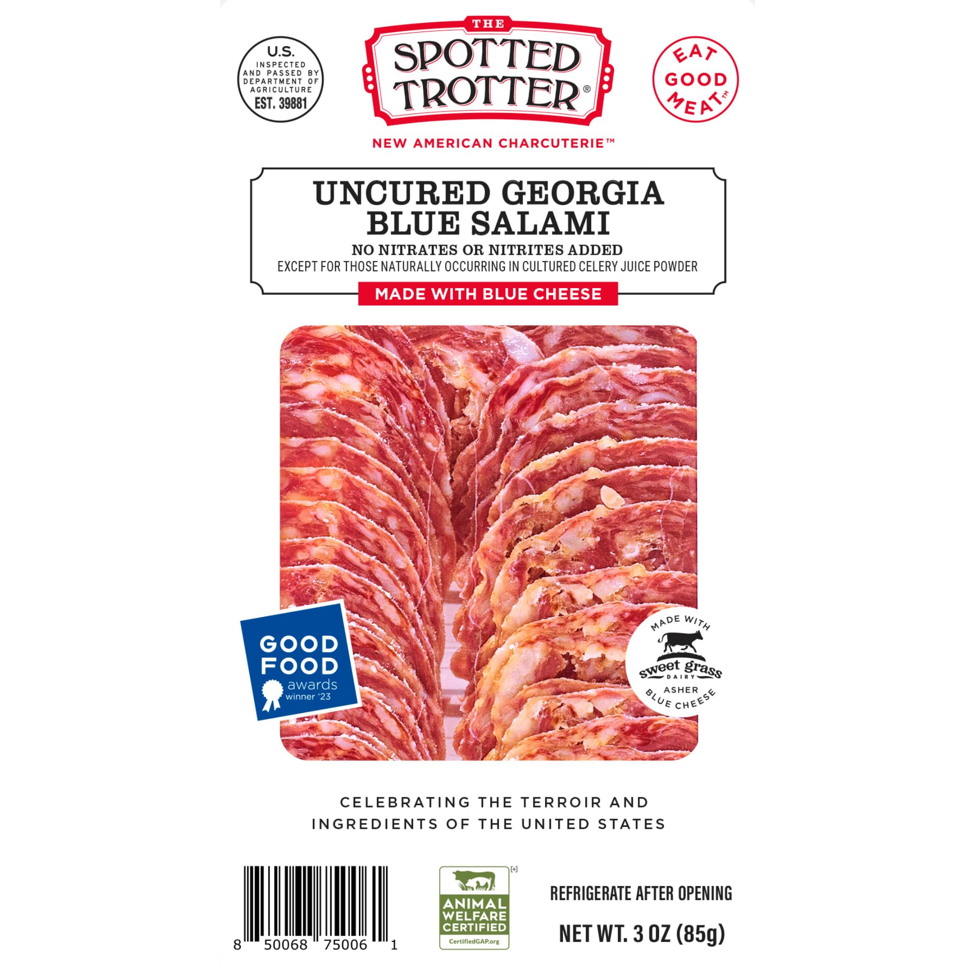 The Spotted Trotter Georgia Blue Sliced Salami, 3 OZ