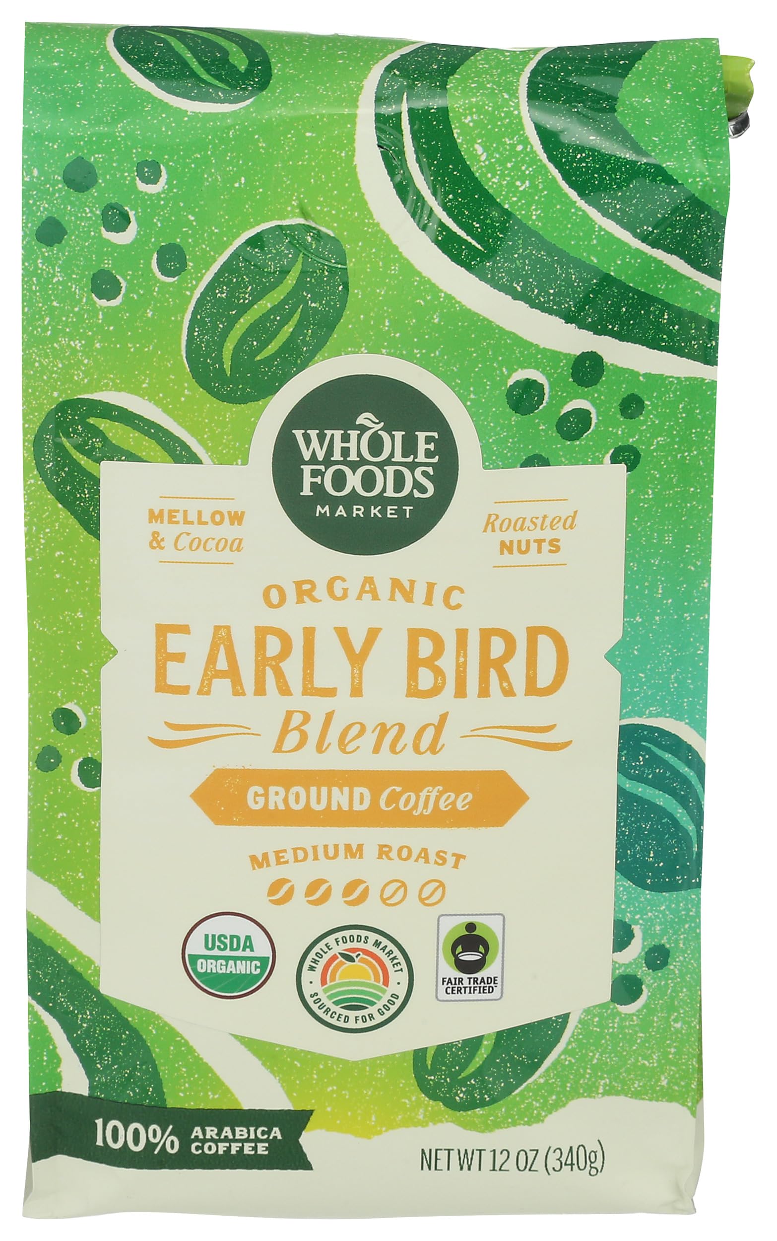 Organic Early Bird Blend, Medium Roast Ground Coffee, Cocoa & Roasted Nuts, 12 Ounce