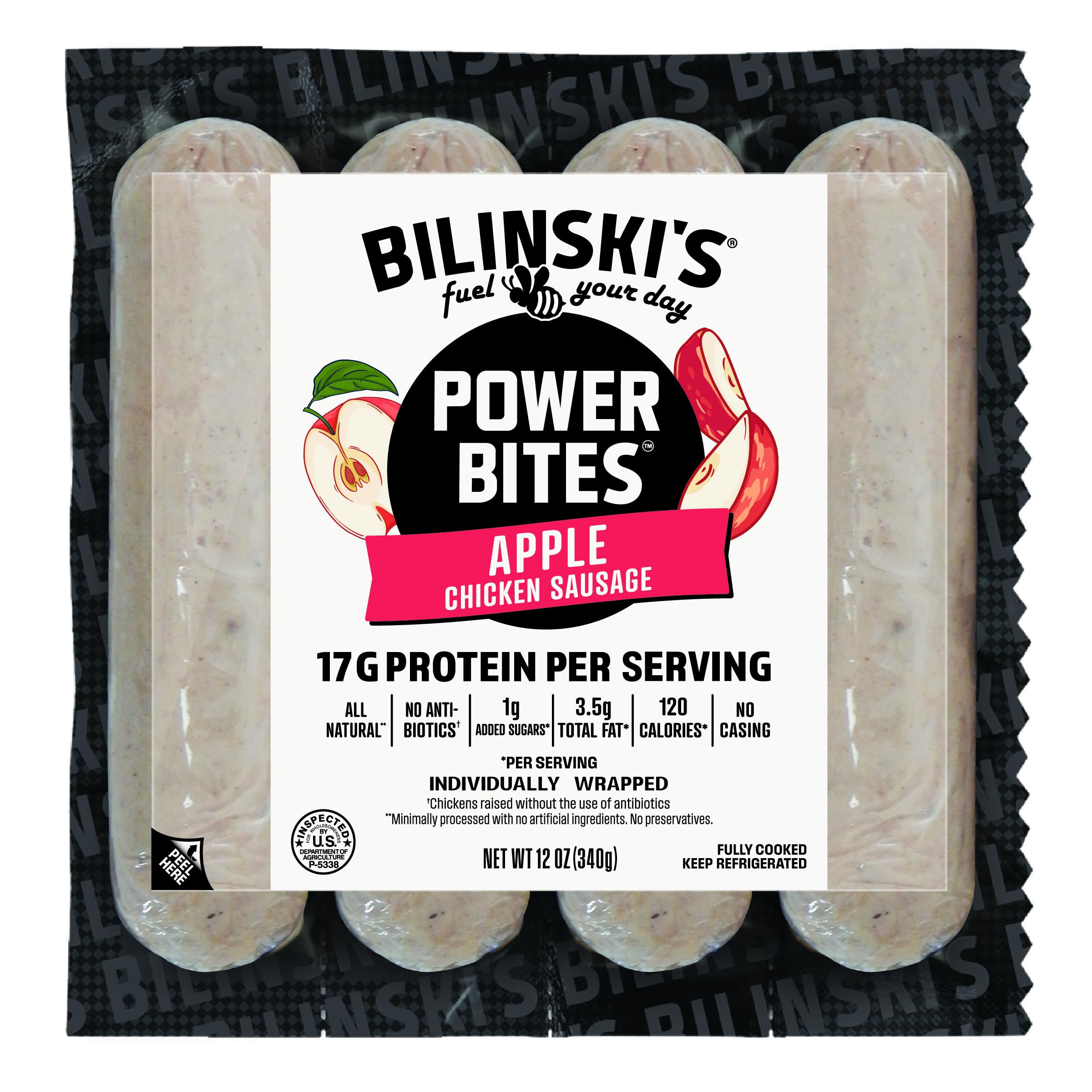 Bilinski's All-Natrual Protein-Packed Apple Power Bites Chicken Sausage, 17g protein/120 Calories, Fully Cooked, GAP Certified Chicken, No Antibiotics, No Nitrates, No Additives, Casing Free, 12oz