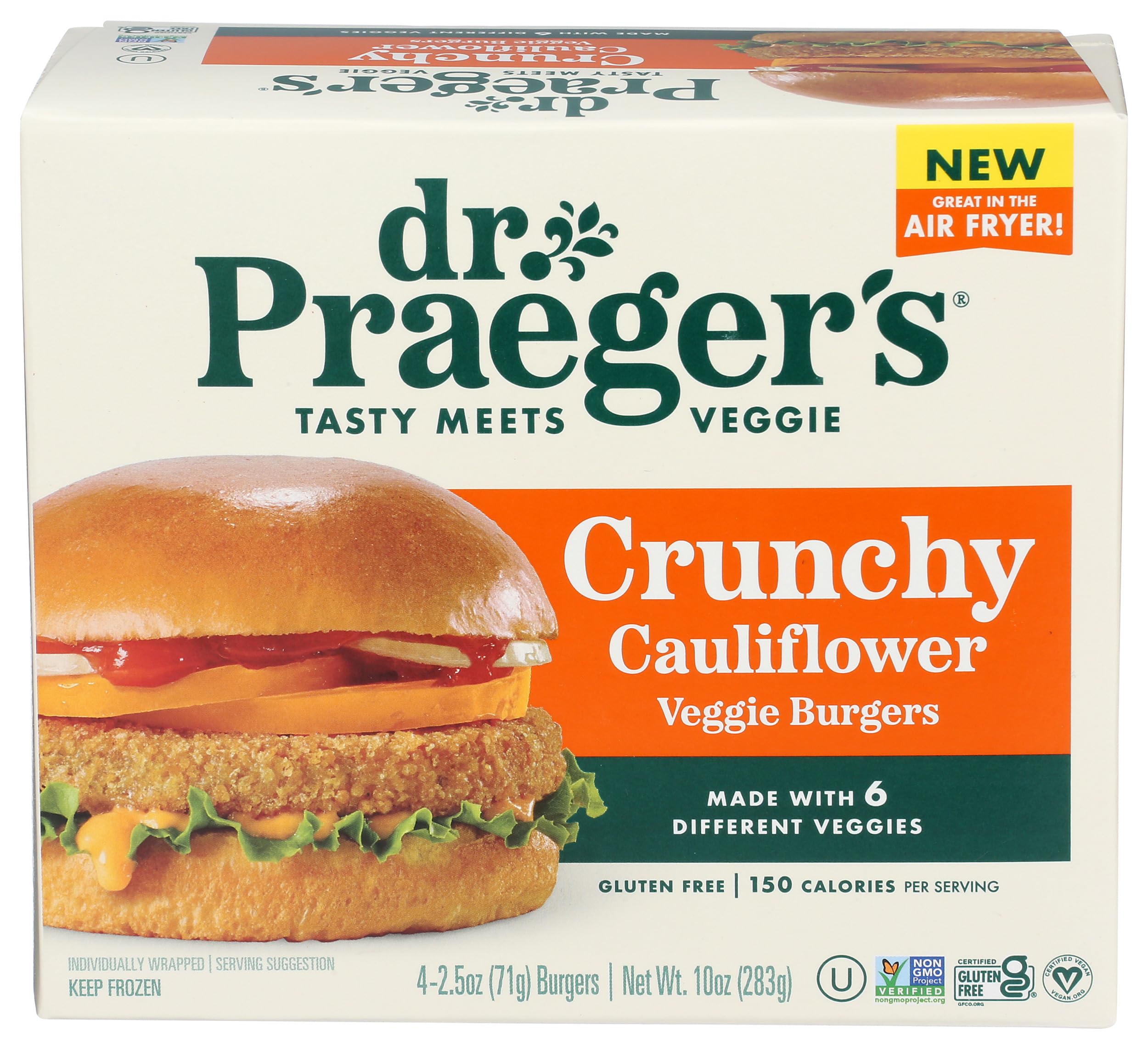 Dr. Praeger's Crunchy Cauliflower Veggie Burgers, 4 Count, 10 oz | Golden-crusted burgers with cauliflower and 5 other vegetables; vegan, gluten free, soy free and Non-GMO
