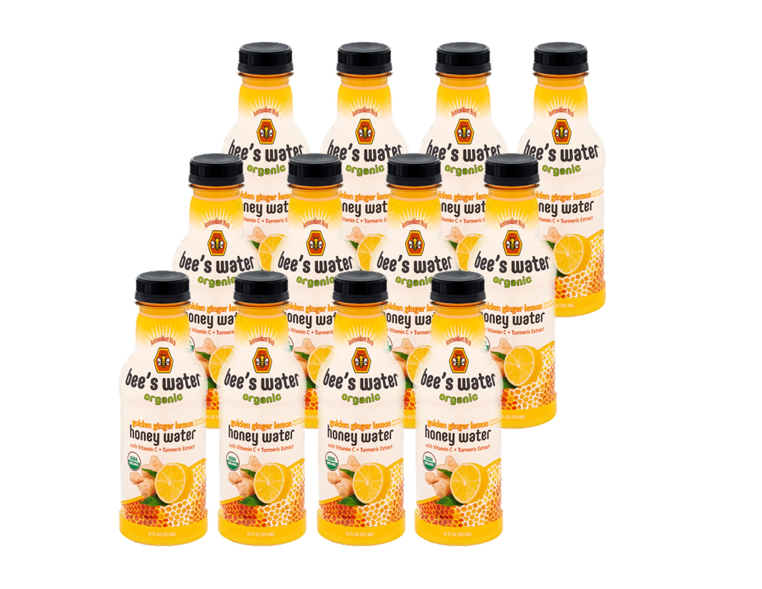 Bee’s Water Organic, Antioxidant Honey Water, No Added Cane Sugar, No Artificial Sweeteners, Kosher Certified, Gluten Free and Non-GMO - Golden Ginger-Lemon 16 FL OZ (12 Pack)