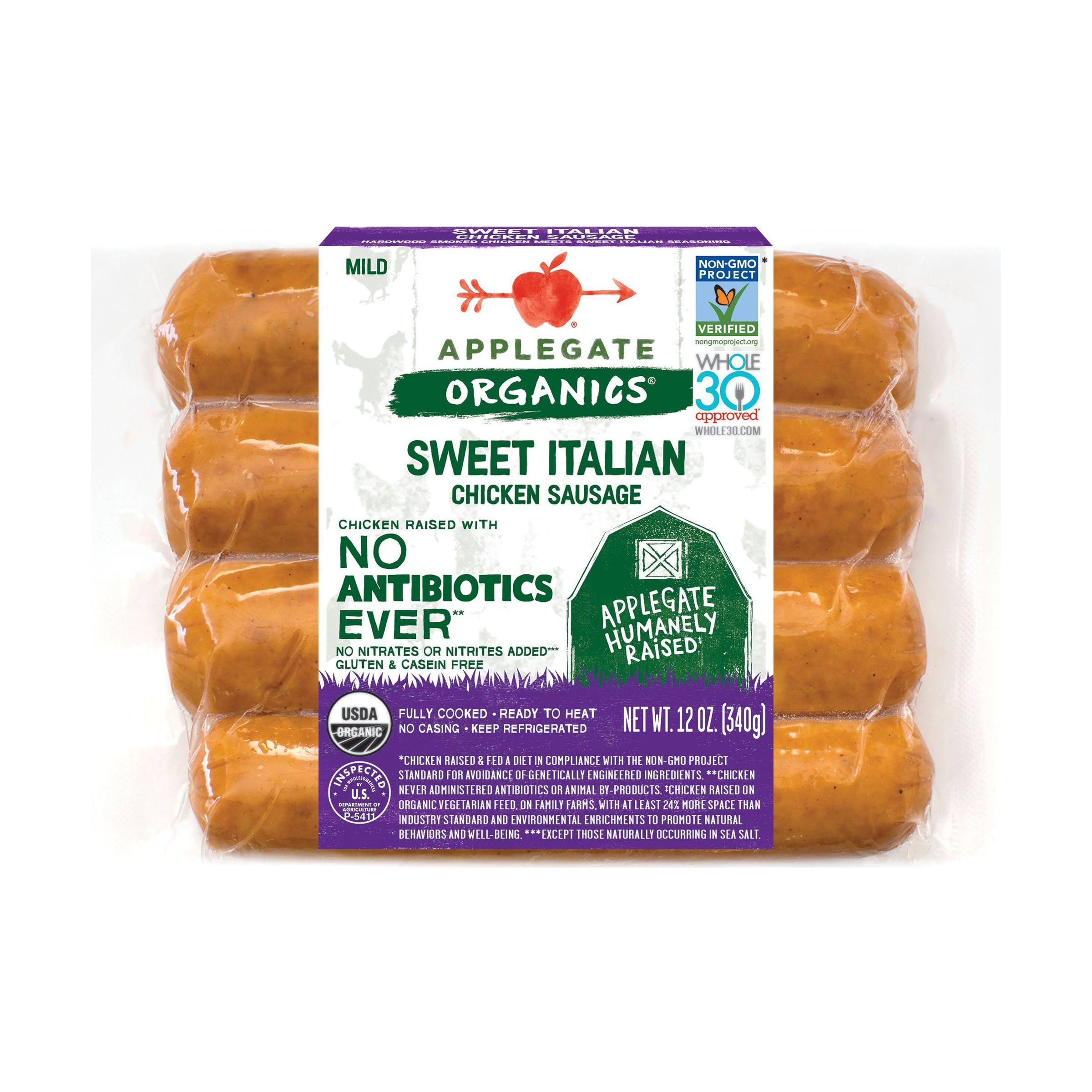 APPLEGATE, Organic Sweet Italian Sausage, 12oz | No Antibiotics Ever, Whole30 Approved, All Natural Ingredients, Full Cooked, Perfect for busy weeknights