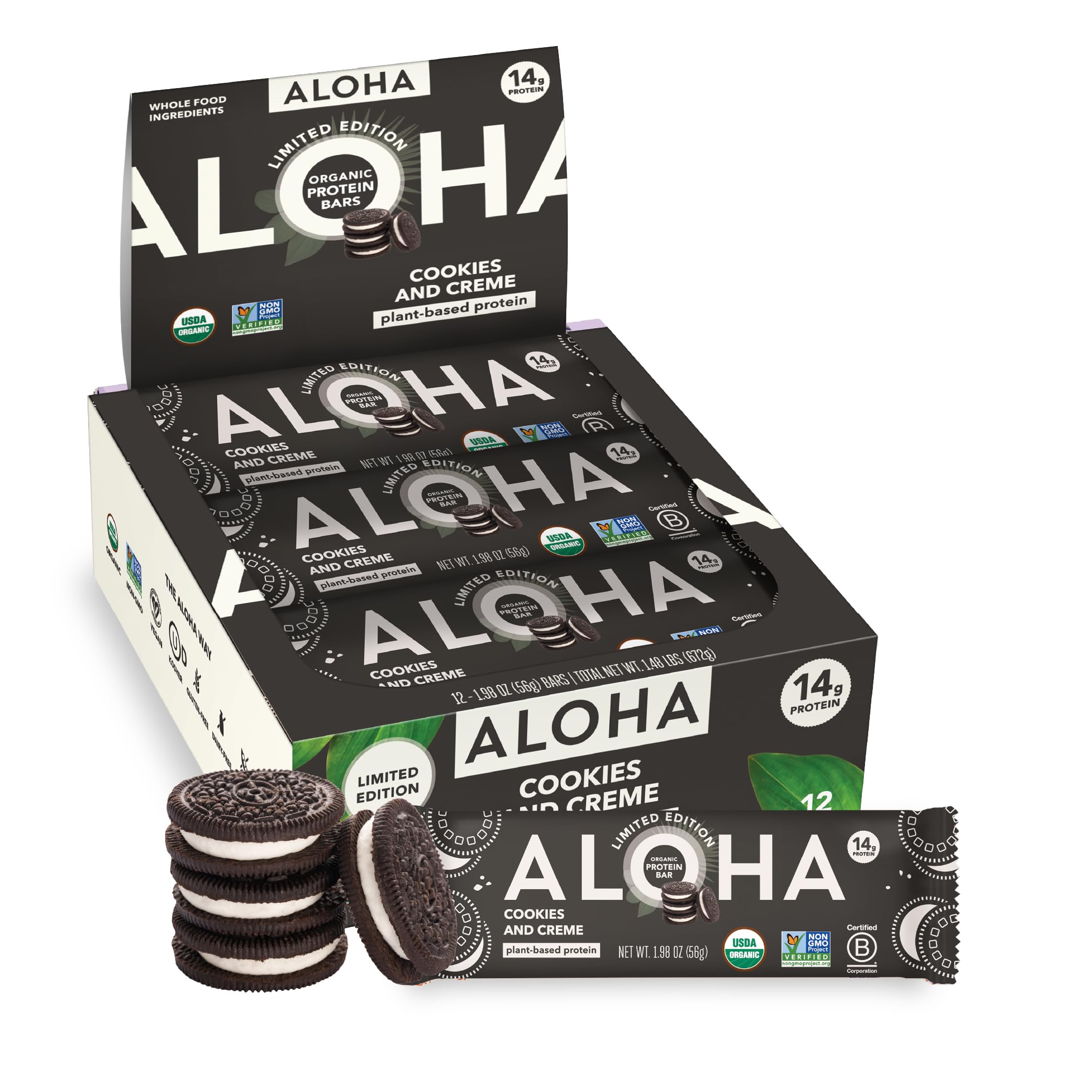 ALOHA Organic Plant Based Protein Bars | Cookies and Creme, 12 Ct, 4g Sugar | High Fiber, Non-GMO | GLP-1 & Keto Friendly, No Sucralose, No Stevia, No Soy | Vegan, Gluten & Dairy Free