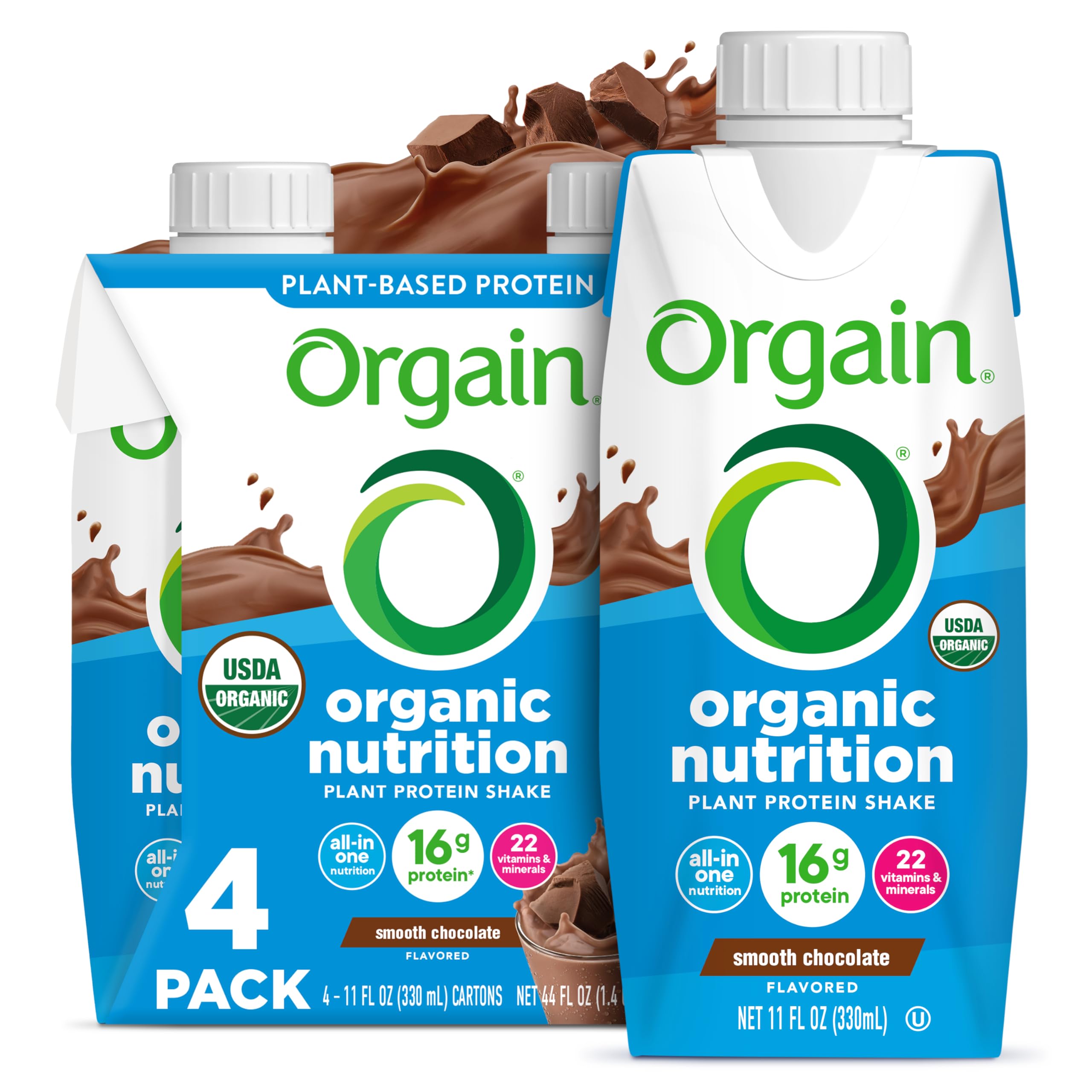 Orgain Organic Nutritional Vegan 16g Protein Shake, Chocolate, 11 oz, 4pk | Ready to drink plant based protein, meal replacement, 22 vitamins & minerals, fruits & vegetables, non-GMO, gluten-free