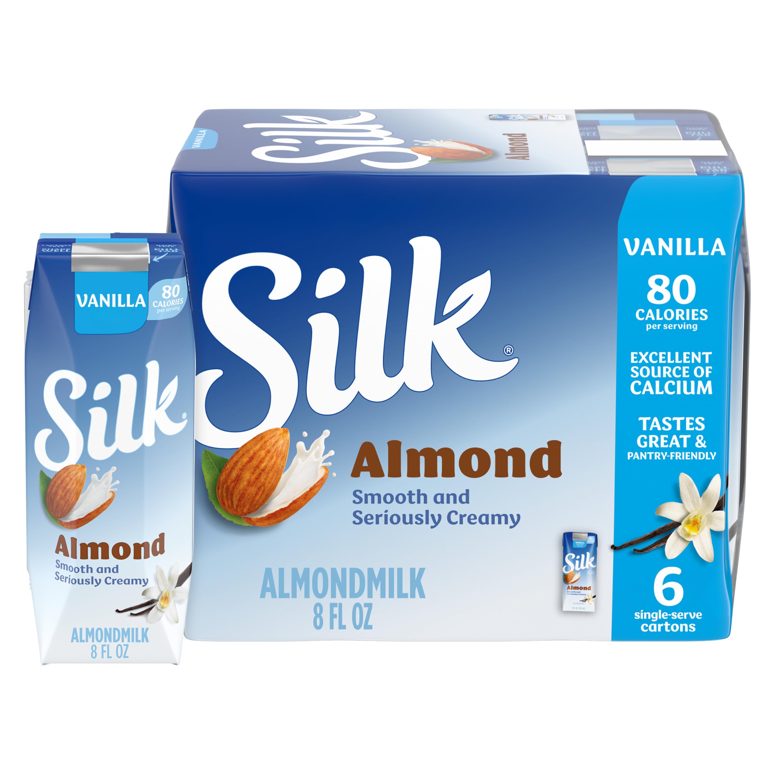 Silk Plant Based Almond Milk, Vanilla, 8 fl oz, 6 Count | Smooth & Creamy Dairy-Free, Gluten-Free Shelf-Stable Almond Milk, 50% More Calcium Than Dairy Milk, Hint of Vanilla Flavor