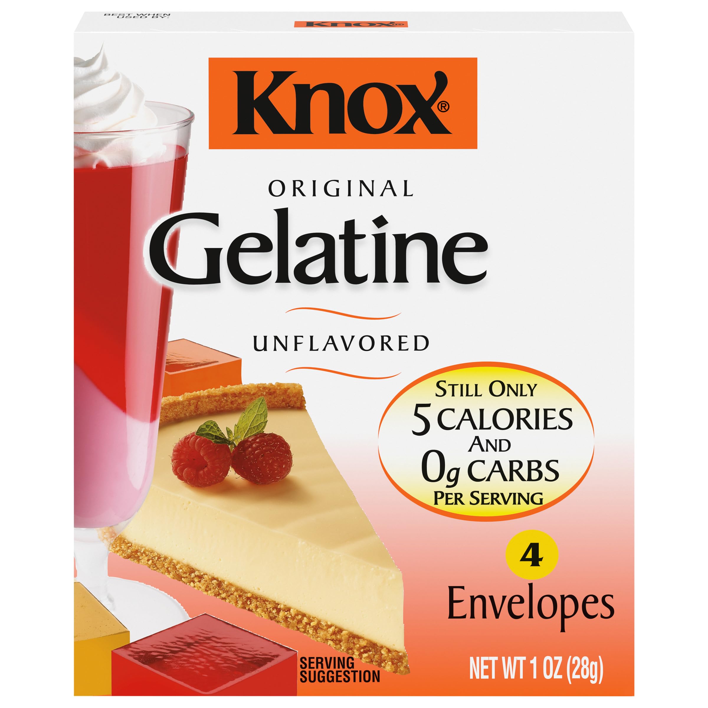 Knox Gelatine, 4 ct. Packets, Original Unflavored | Zero Carbs & 5 Calories, Unflavored Gelatin, Plain Gelatin for Desserts, Make Parfaits, Cheesecake or Marshmallows
