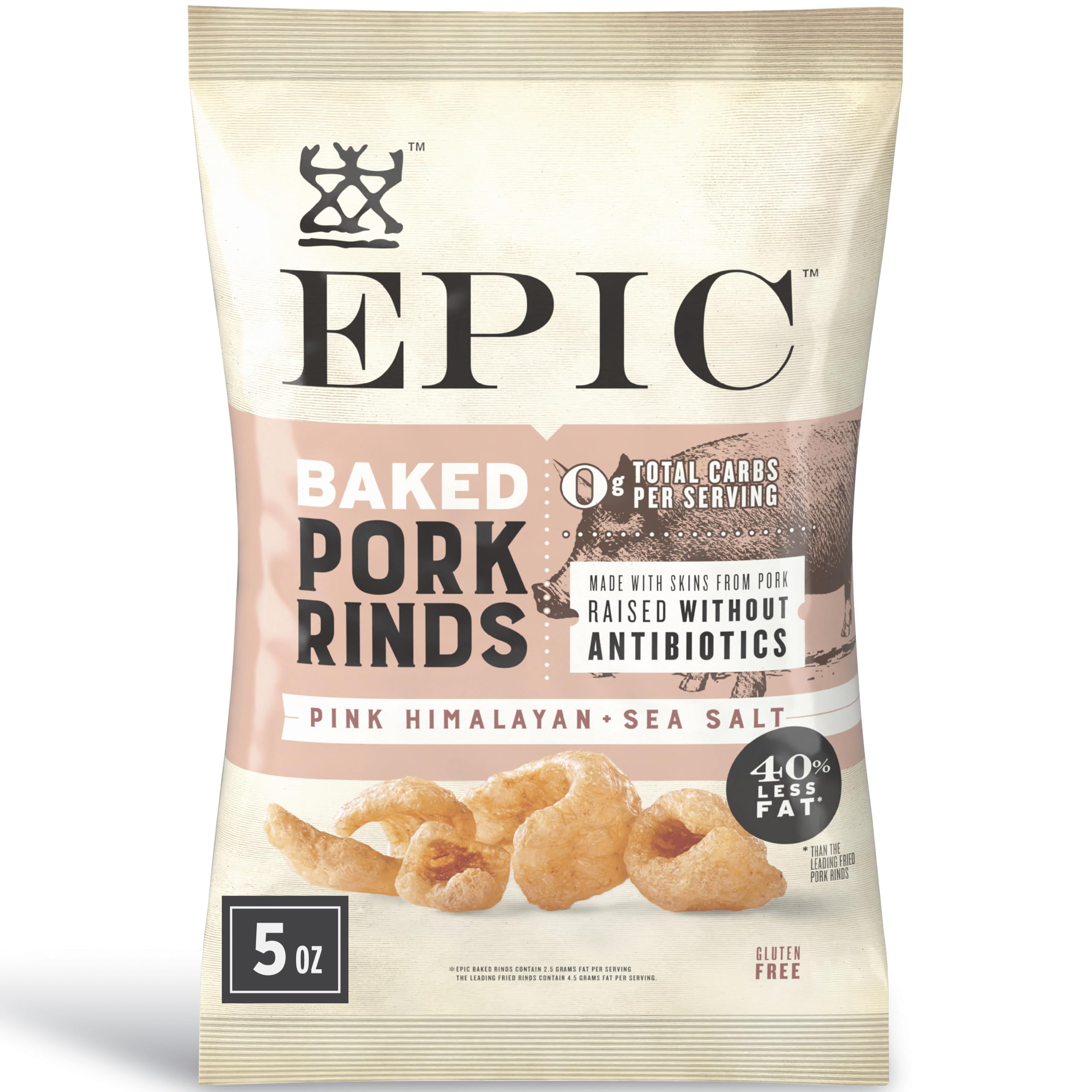 EPIC Provisions Pink Himalayan Sea Salt Baked Pork Rinds, Gluten-Free, 5 oz | 40% Less Fat Than Leading Fried Rinds, Antibiotic-Free Pork, Keto Friendly, 11g Protein & 0g Carbs per Serving
