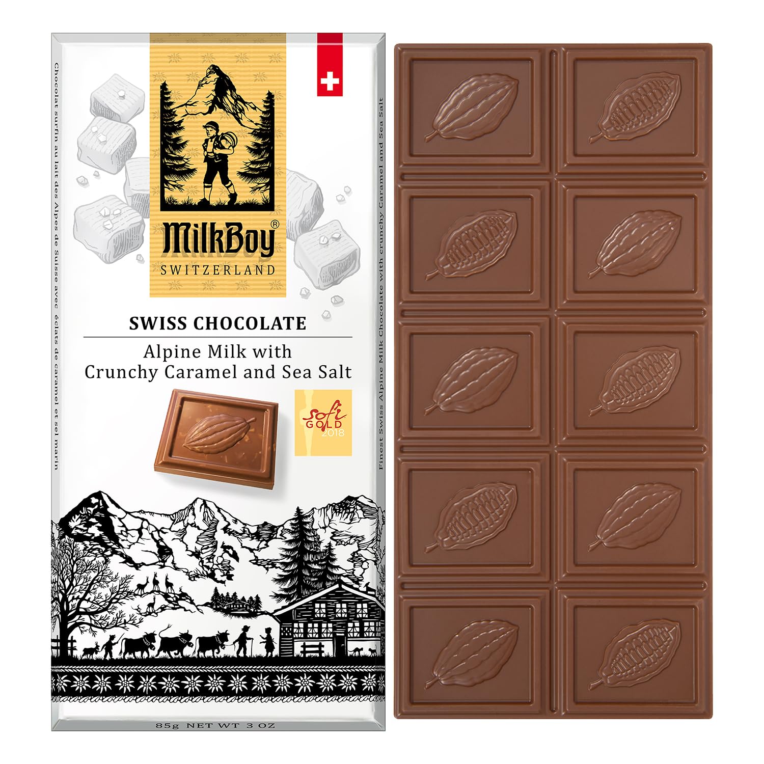 MilkBoy Swiss Chocolates Milk Chocolate Bars, Caramel Salt - 3 oz | Premium gourmet treat with crunchy caramel and sea salt. Gluten free. Non-GMO. Kosher. Crafted in Switzerland.