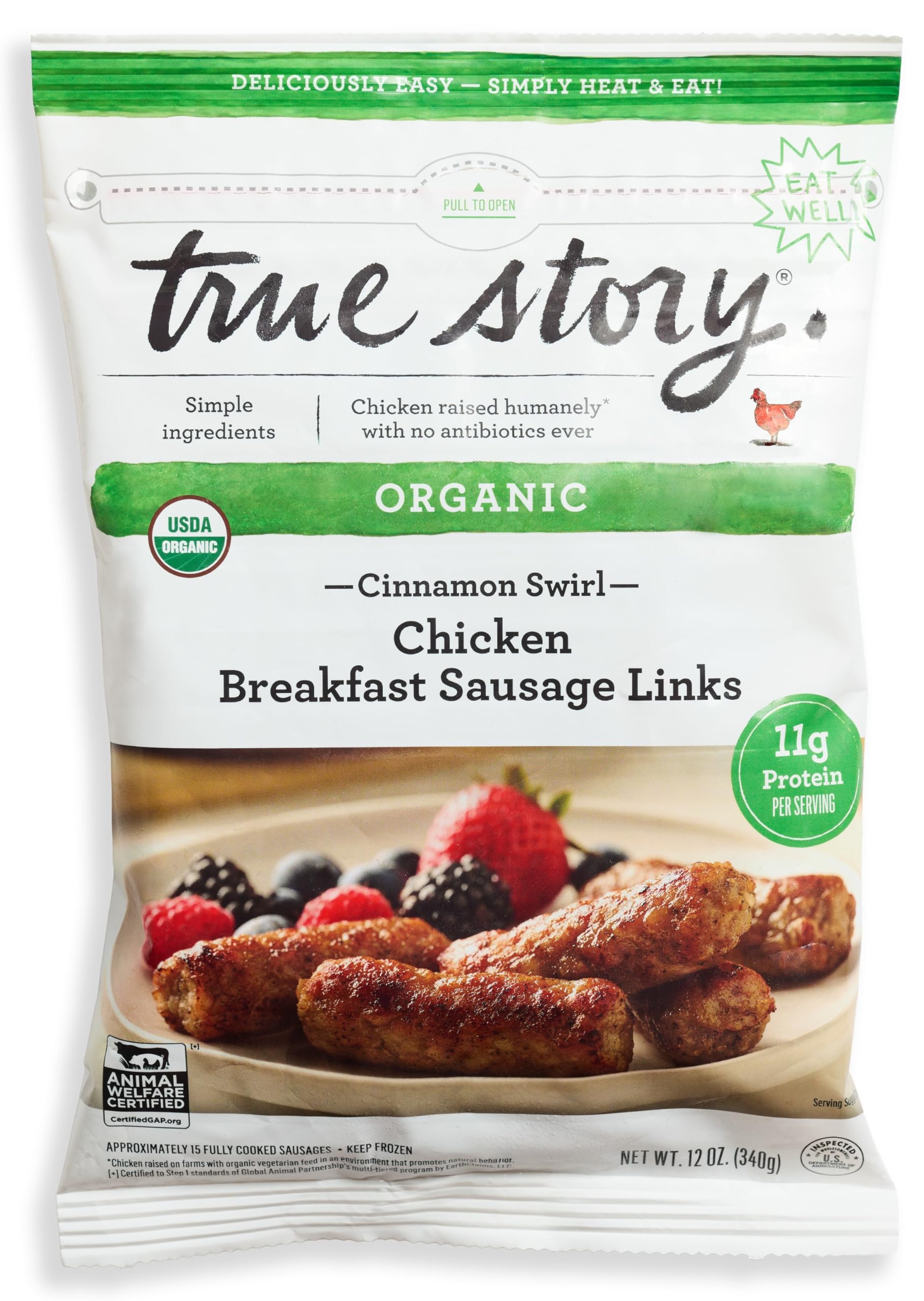 True Story Foods Organic Cinnamon Swirl Chicken Breakfast Links, 12 OZ