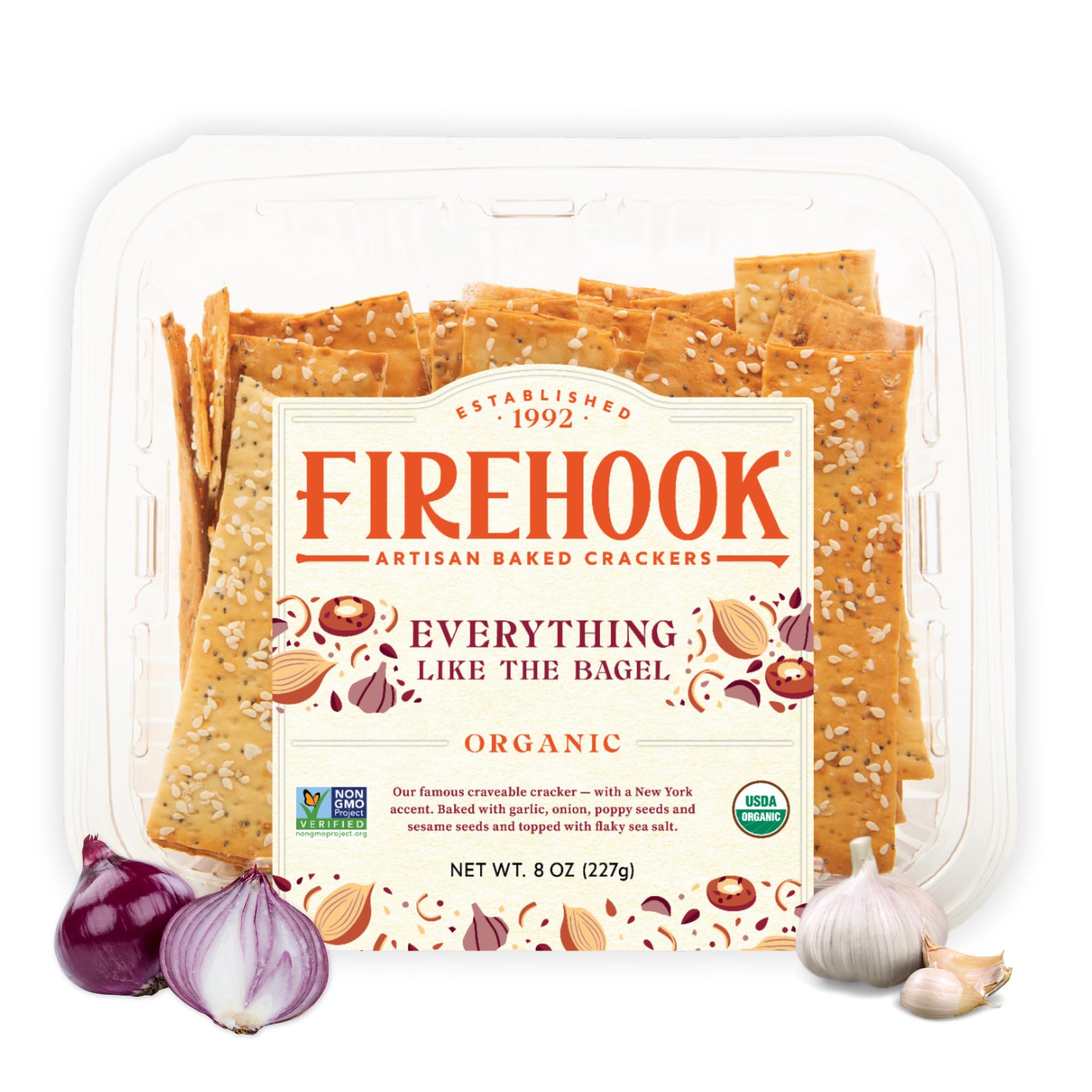 Firehook Everything Like the Bagel Crackers, Artisan Baked, Non-GMO, 8 oz | Organic, Kosher, Vegan, Baking, Charcuterie Boards, Cheese Boards, Dips & Spreads, Snacking, Entertaining, Crunchy